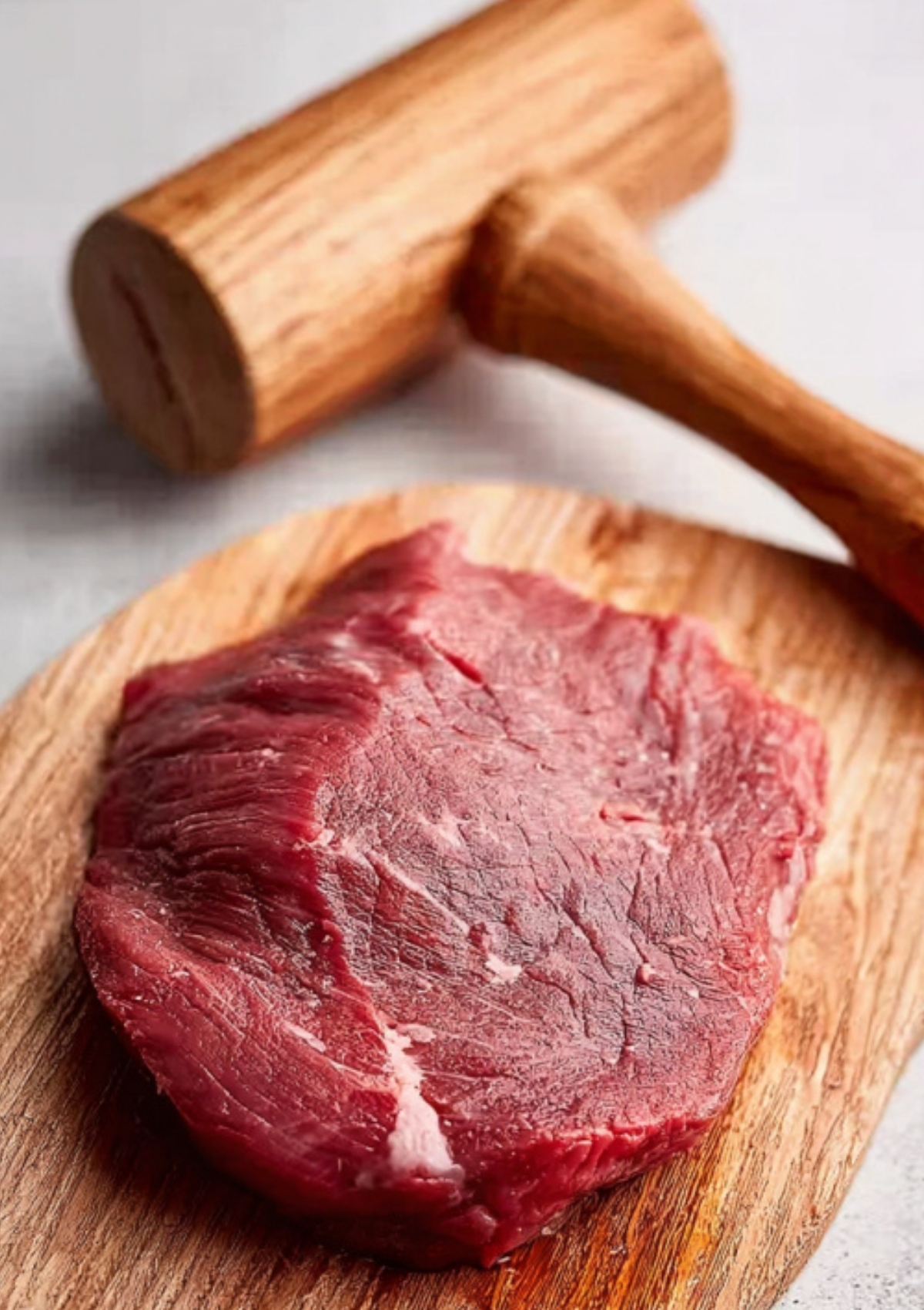 Round steak being tenderized with a wooden meat mallet on a cutting board, showing step by step prep for a juicy round steak recipe and simple dinner ideas.
