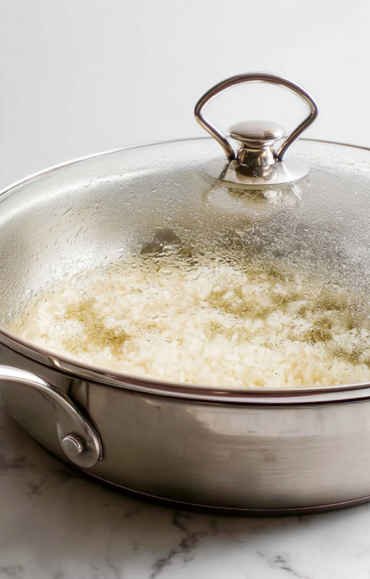 Steamed white rice simmering in a covered skillet, easy and budget-friendly meal base for families