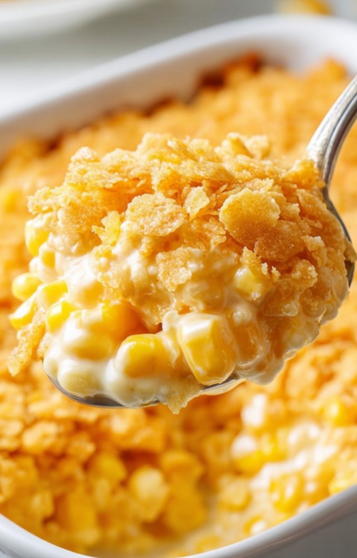 Spoonful of creamy scalloped corn casserole topped with golden cracker crumbs, perfect for Thanksgiving and family dinners.