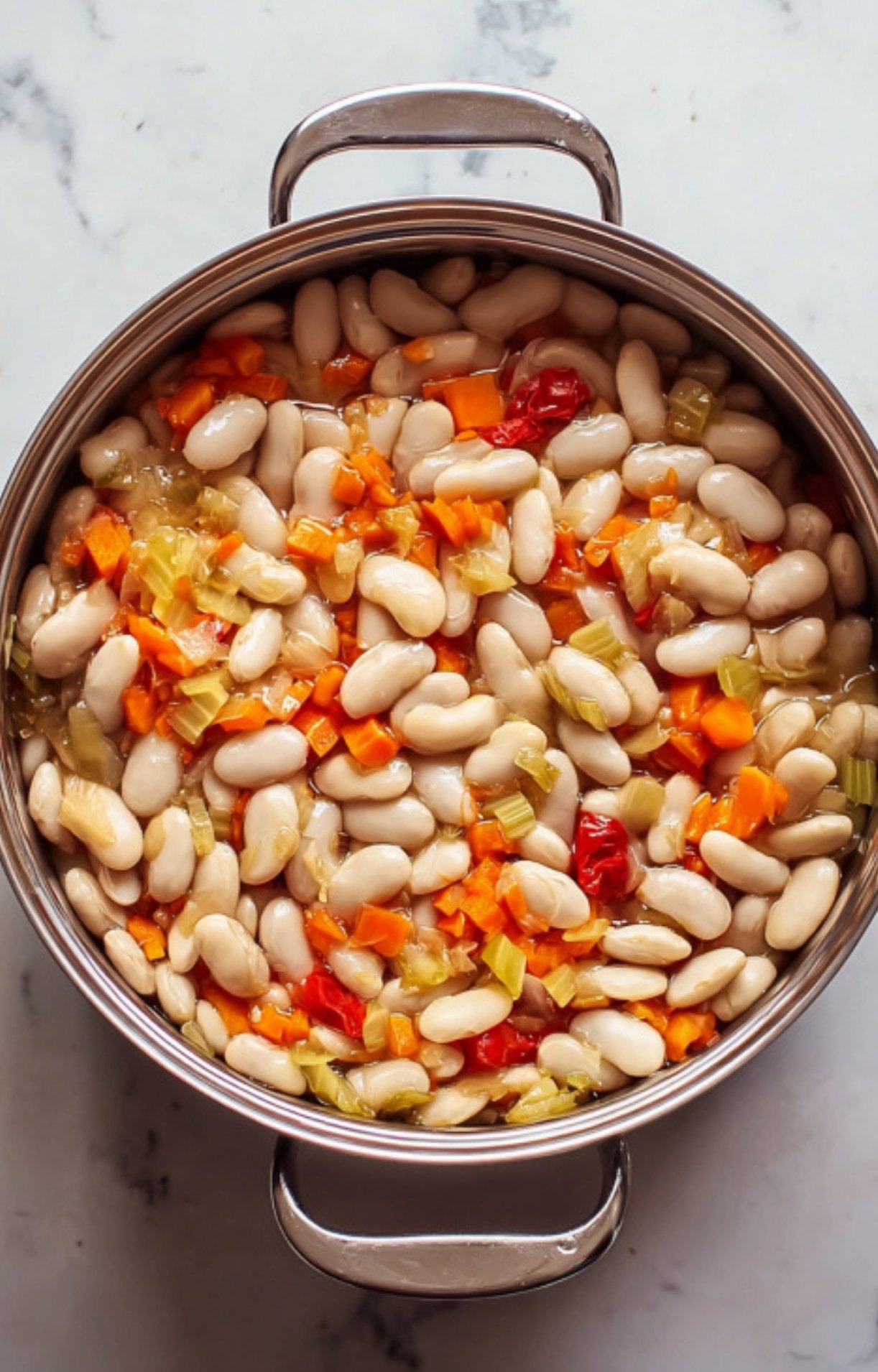 Pot of white beans, carrots, celery, and tomatoes mixed and ready for baking in a cassolette recipe, a classic French comfort meal for Sunday family dinners.