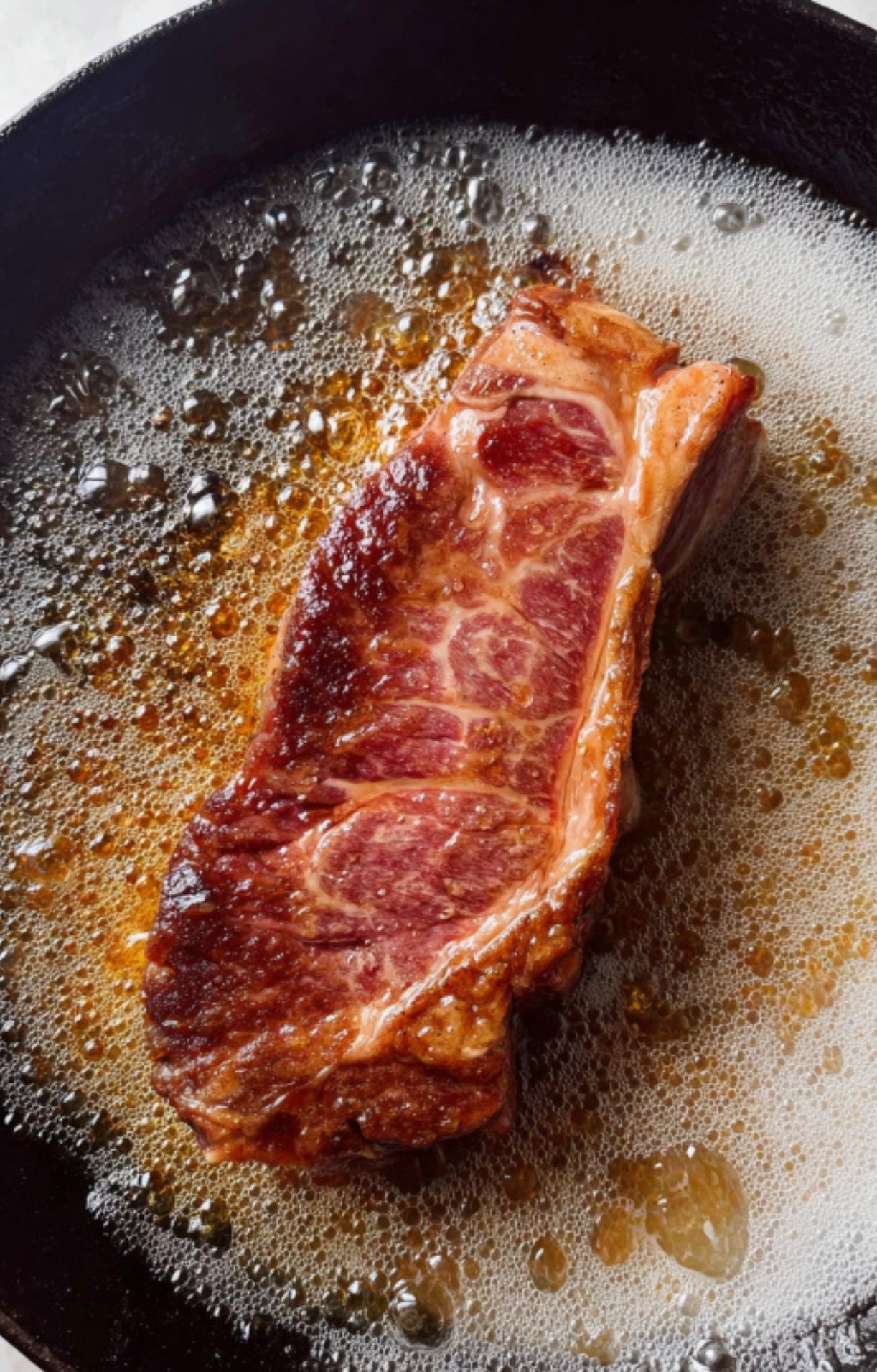 Steak sizzling in hot cast iron skillet with bubbling butter for a classic steak strips dinner.