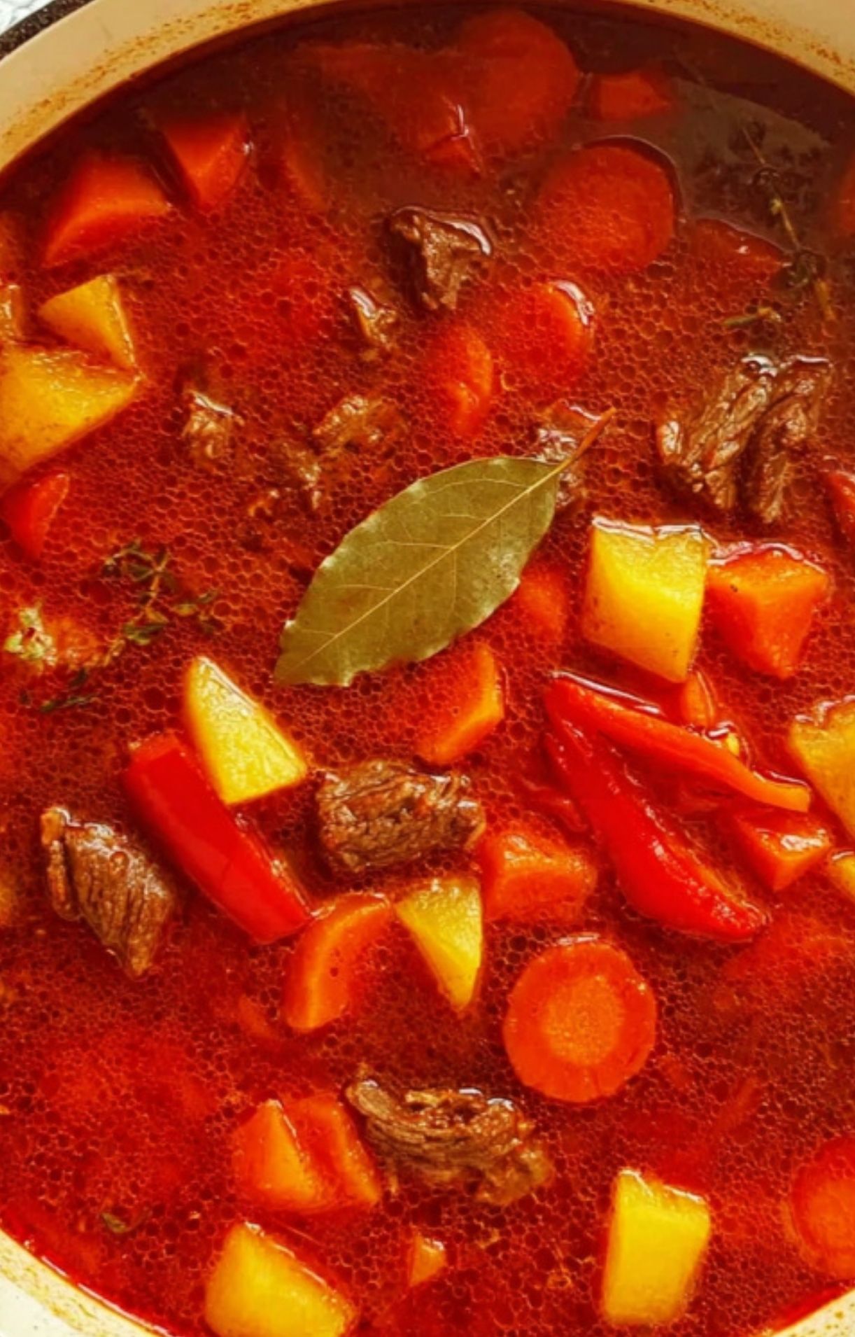 A white bowl filled with a hearty Hungarian Goulash Recipe, topped with a dollop of sour cream and fresh parsley.