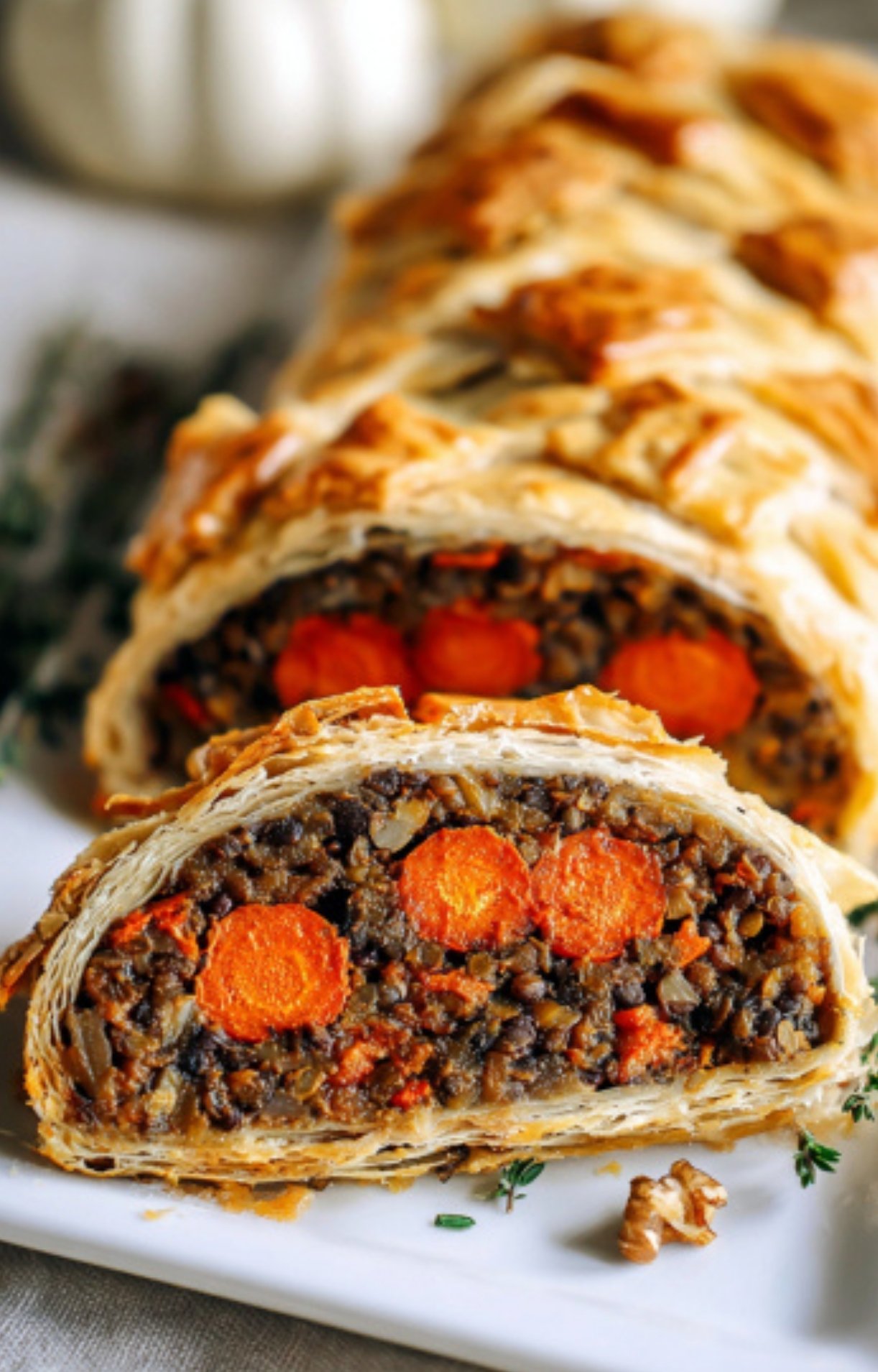 Golden baked vegan wellington sliced open, revealing hearty lentil, walnut, and roasted carrot filling inside a flaky pastry crust. Festive vegan roast for Thanksgiving or Christmas.