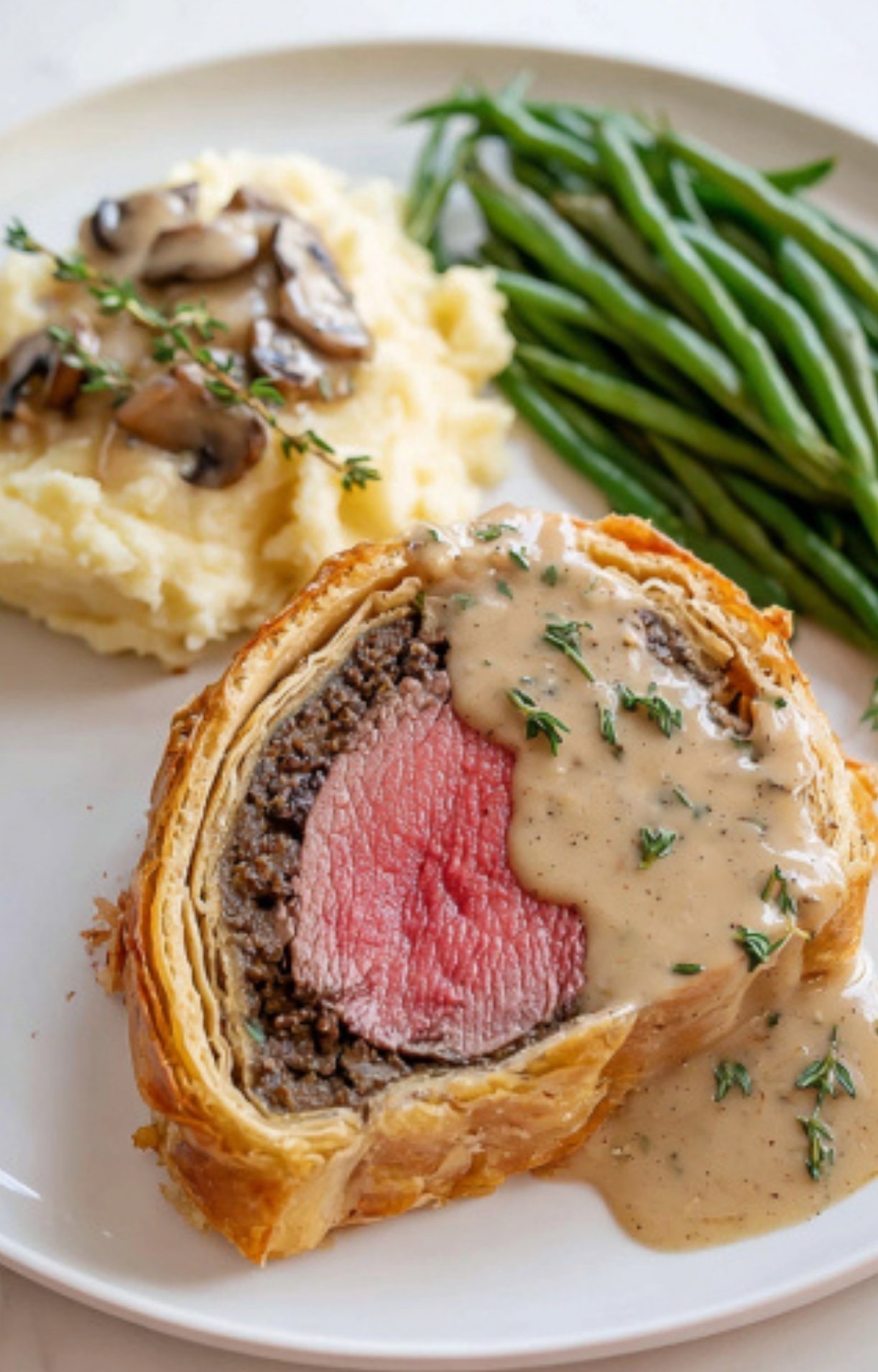 Perfectly cooked sous vide beef wellington on a plate with mashed potatoes and fresh green beans, ready to serve for Christmas, Thanksgiving, or a dinner party.