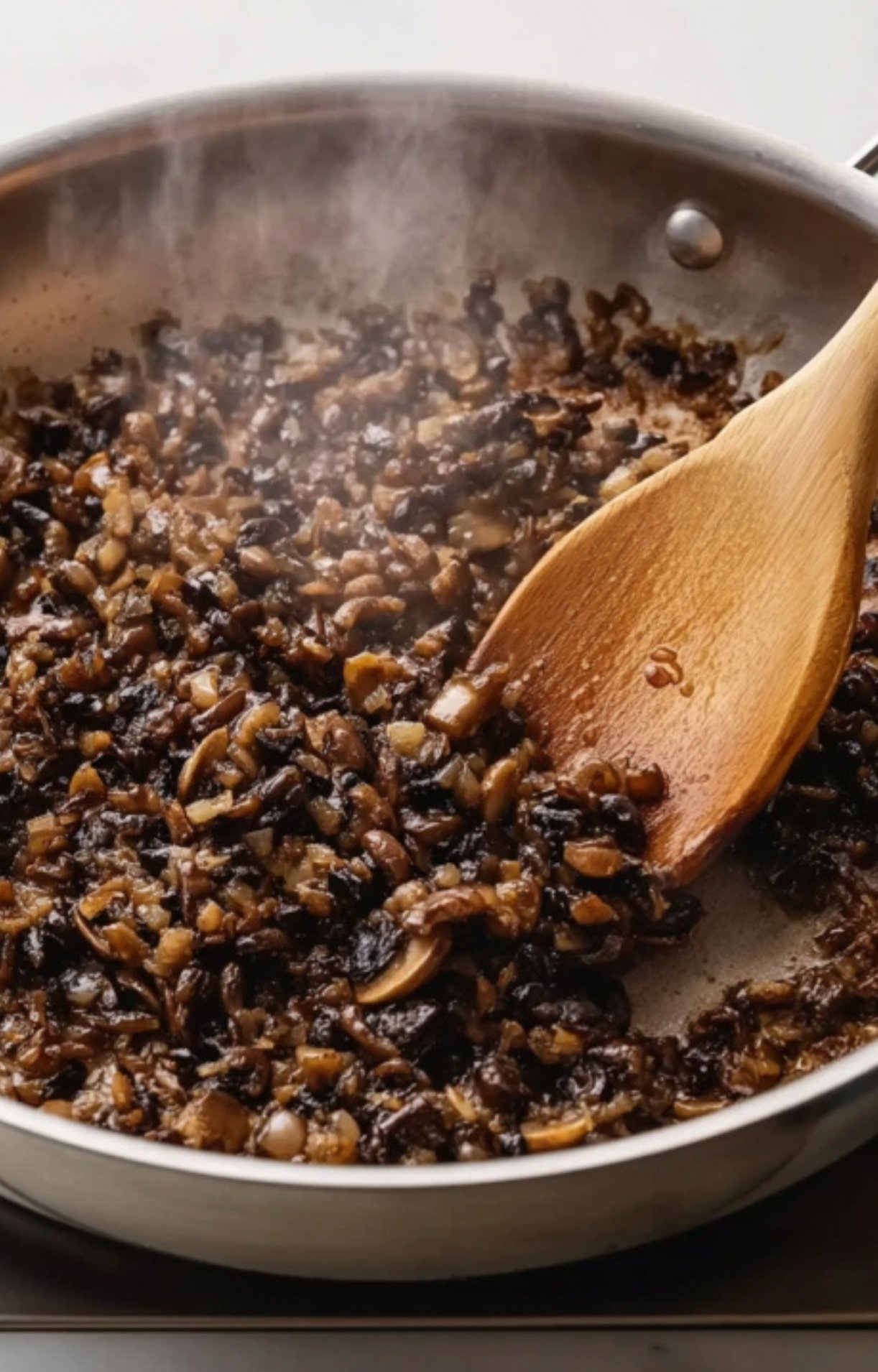 Mushrooms and onions cooking in a skillet for a rich duxelles filling, a classic layer in beef wellington with tenderloin.