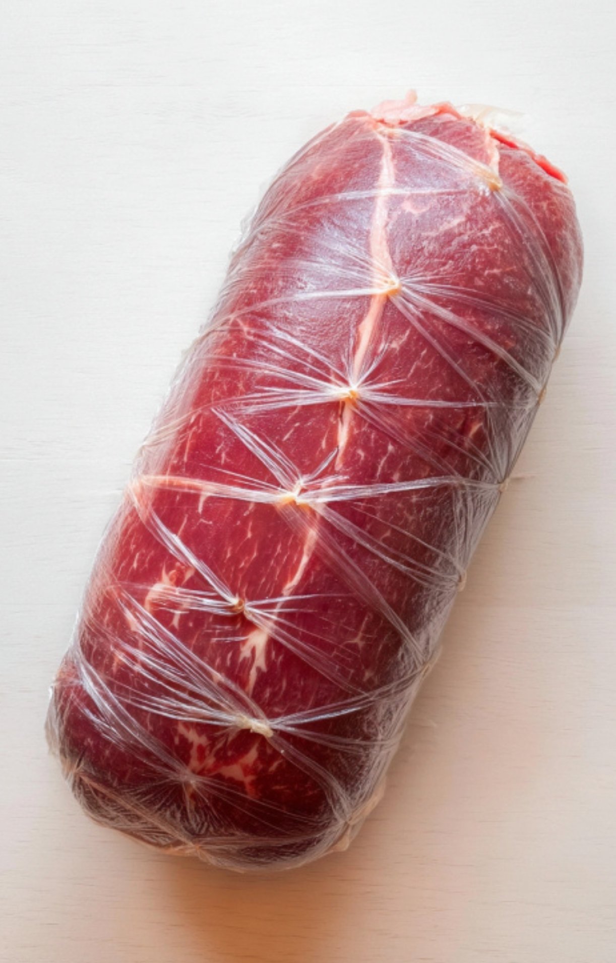 Raw beef tenderloin tightly wrapped in plastic wrap, ready to be transformed into Christmas Beef Wellington. Essential holiday prep step.
