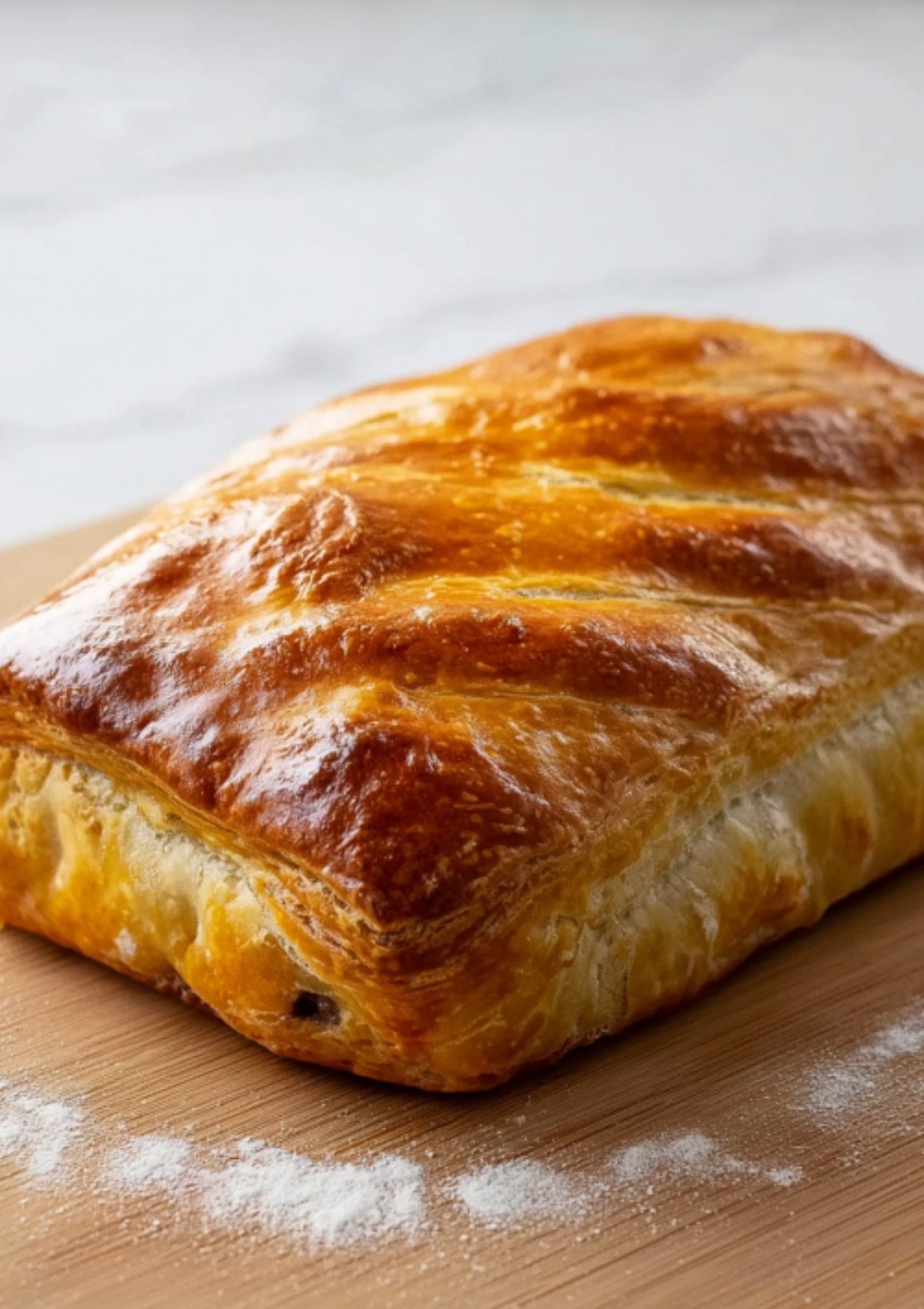 Close-up of a golden, flaky beef wellington with spinach, baked to perfection for a festive dinner or special occasion.