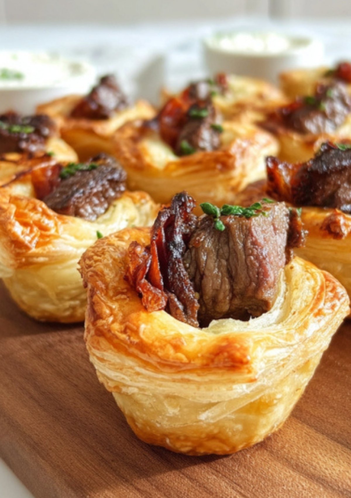 Close up of baked mini beef wellingtons with puff pastry, seared beef, and prosciutto, served on a wooden board for easy entertaining.
