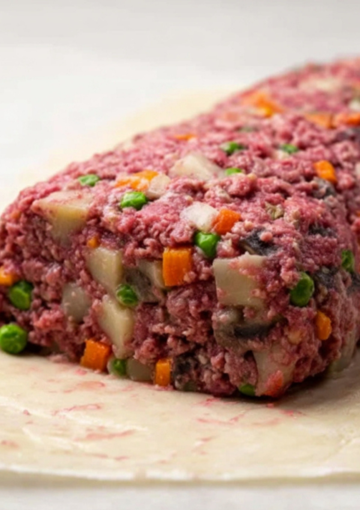 Raw ground beef mixture with potatoes, peas, and carrots, shaped and ready to be wrapped in pastry for a beef wellington.