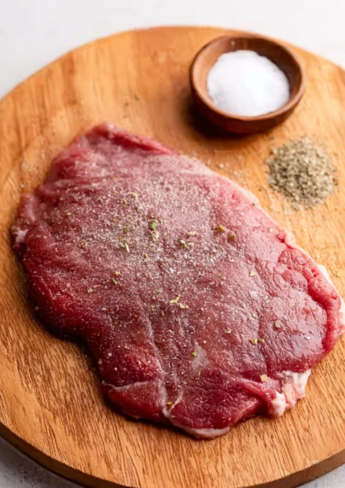 Raw round steak on a wooden board seasoned with salt and pepper for an easy round steak recipe, perfect for weeknight dinners and budget friendly beef meals.