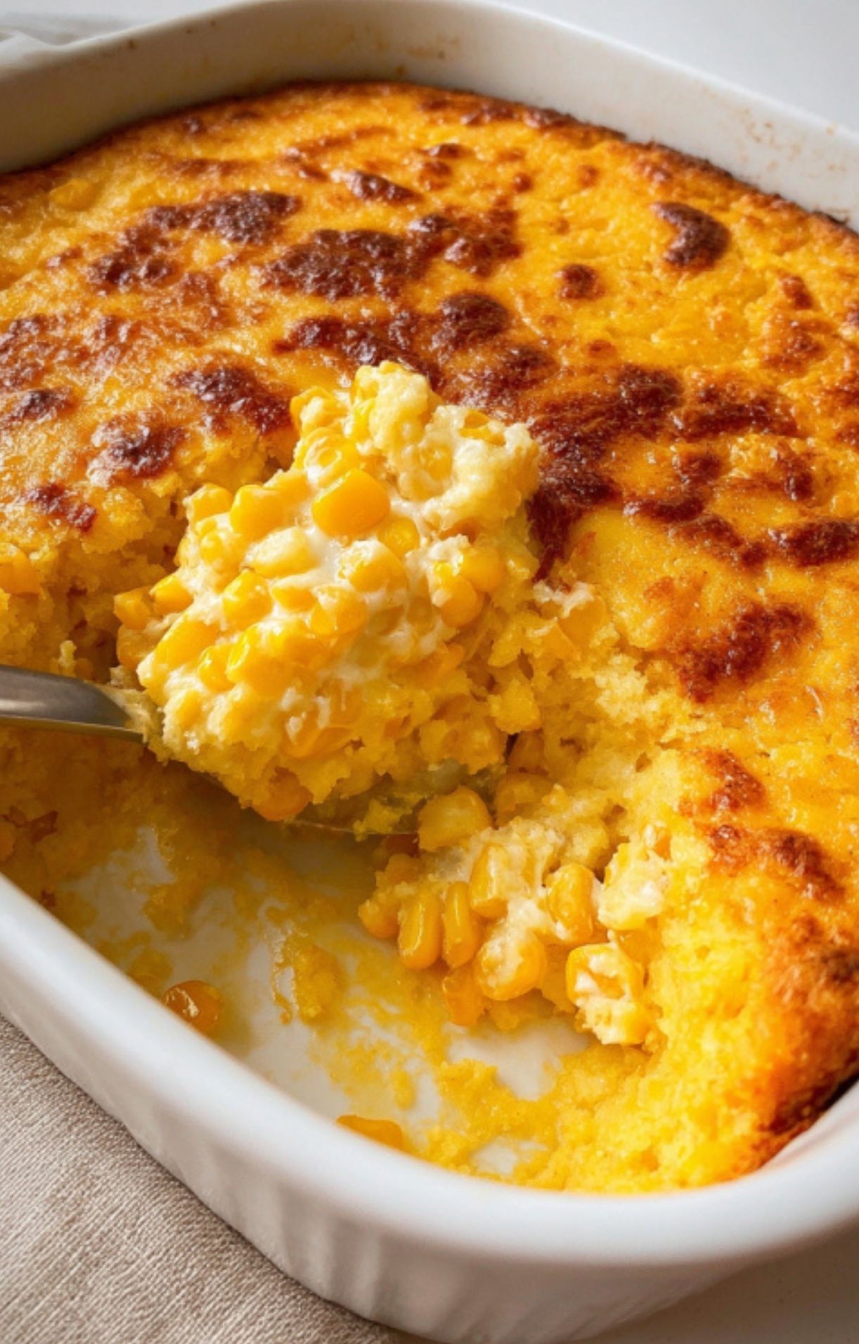 Close-up of moist Southern corn pudding with golden brown top and juicy corn, ready to serve. Cozy casserole perfect for family gatherings, potlucks, or weeknight meals.