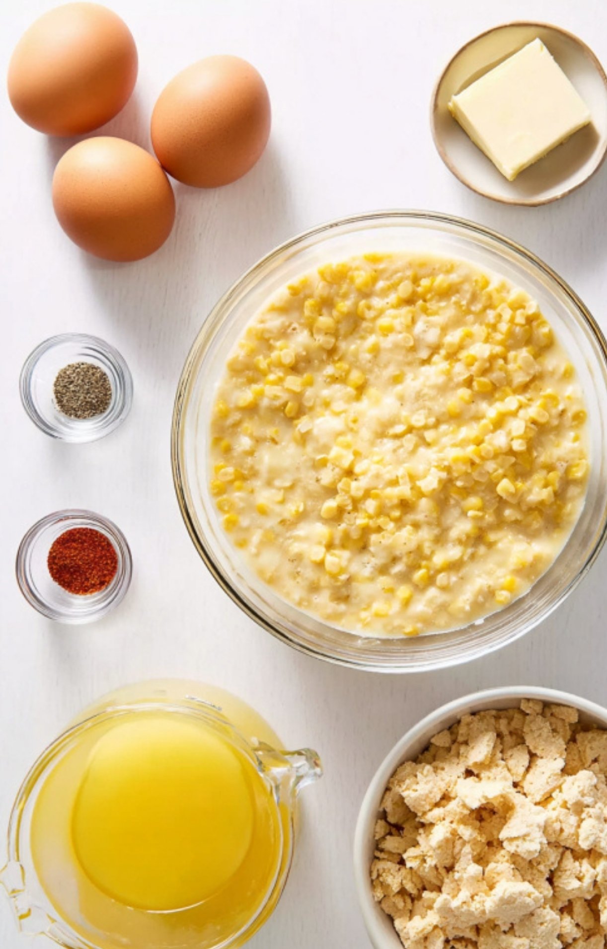 Eggs, cream-style corn, butter, crackers, and spices laid out for easy scalloped corn casserole, a go-to holiday side dish.