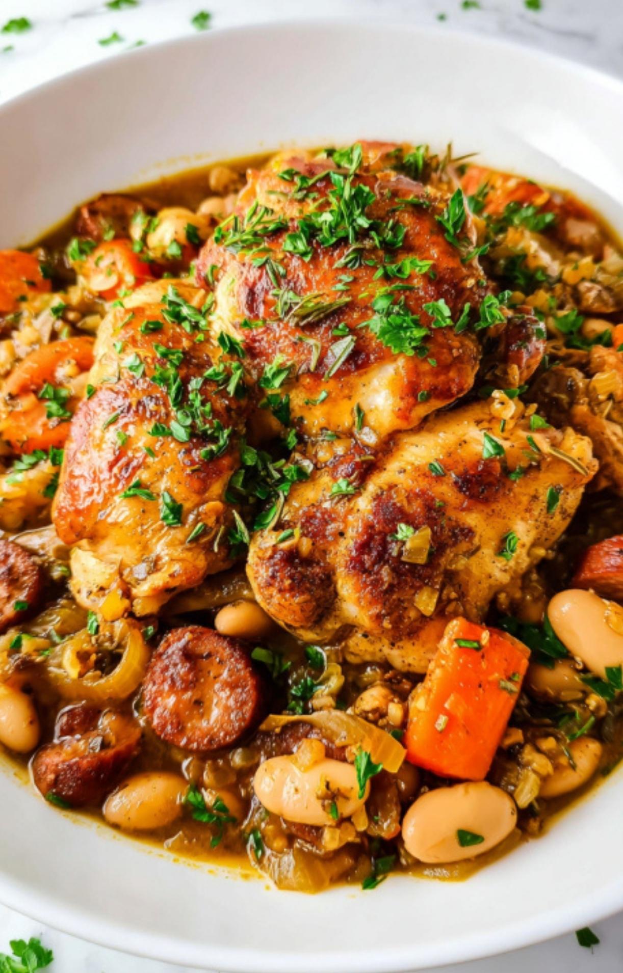 Close-up of Chicken Cassoulet with browned chicken thighs, sausage, beans, and carrots, garnished with chopped herbs.