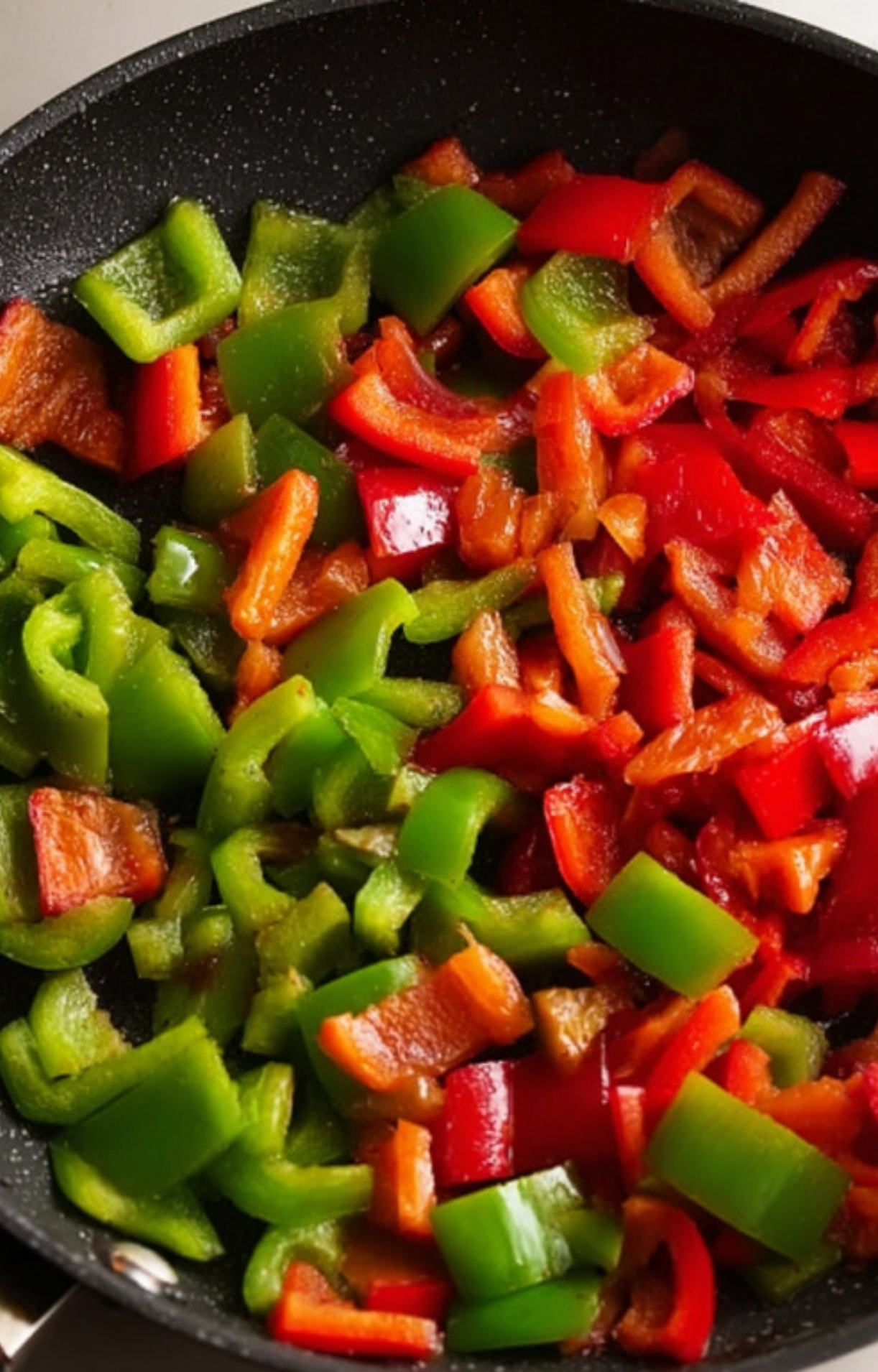 Sliced green and red bell peppers in a skillet, perfect for easy pepper steak stir fry.