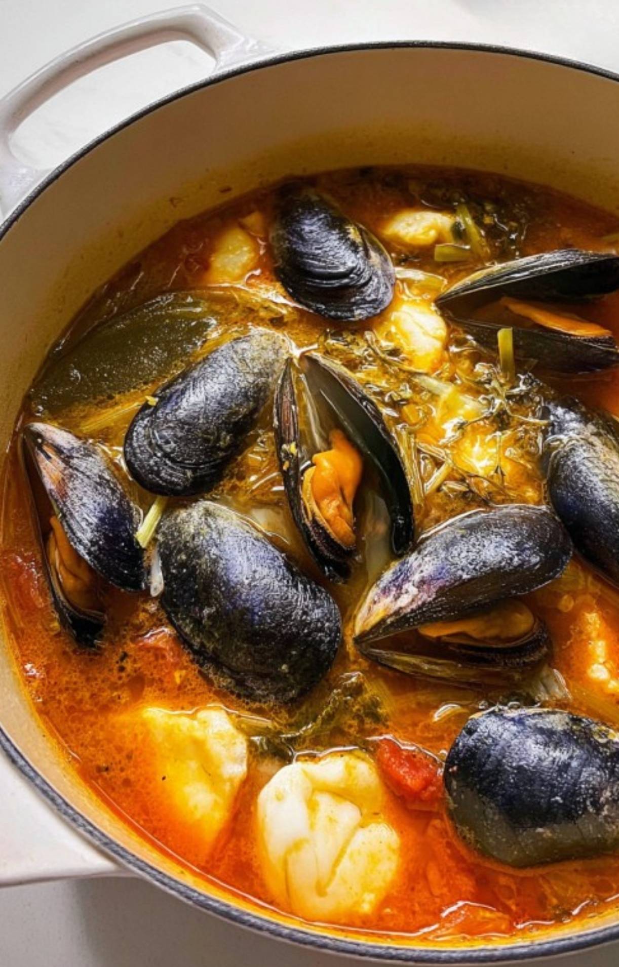 Seafood bouillabaisse simmering with mussels and white fish in a vibrant saffron and fennel tomato broth. Simple French stew for easy weeknight meals or winter comfort food.
