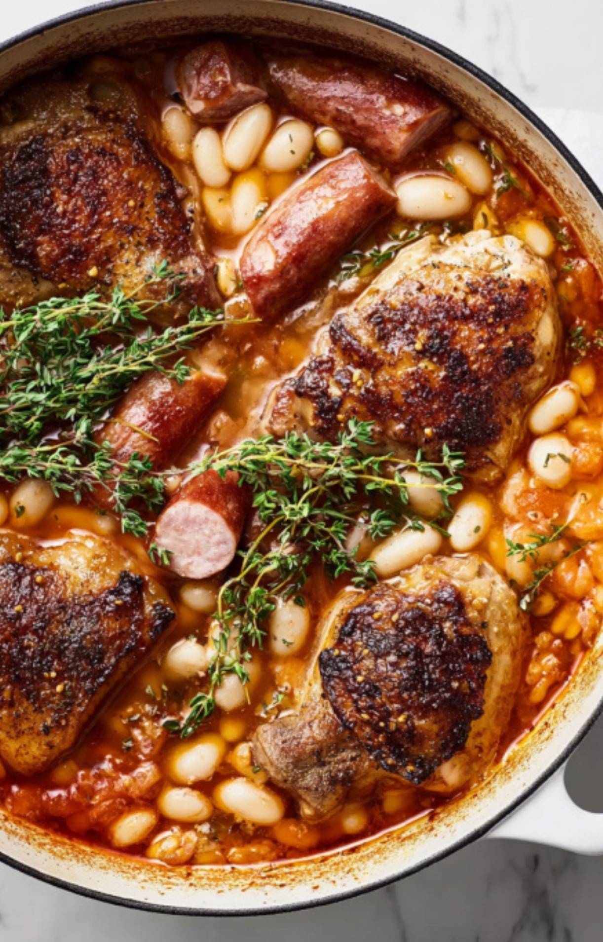 Chicken thighs, white beans, and sausage simmering in a Dutch oven for a cozy, hearty cassoulet recipe that’s simple for weeknights.