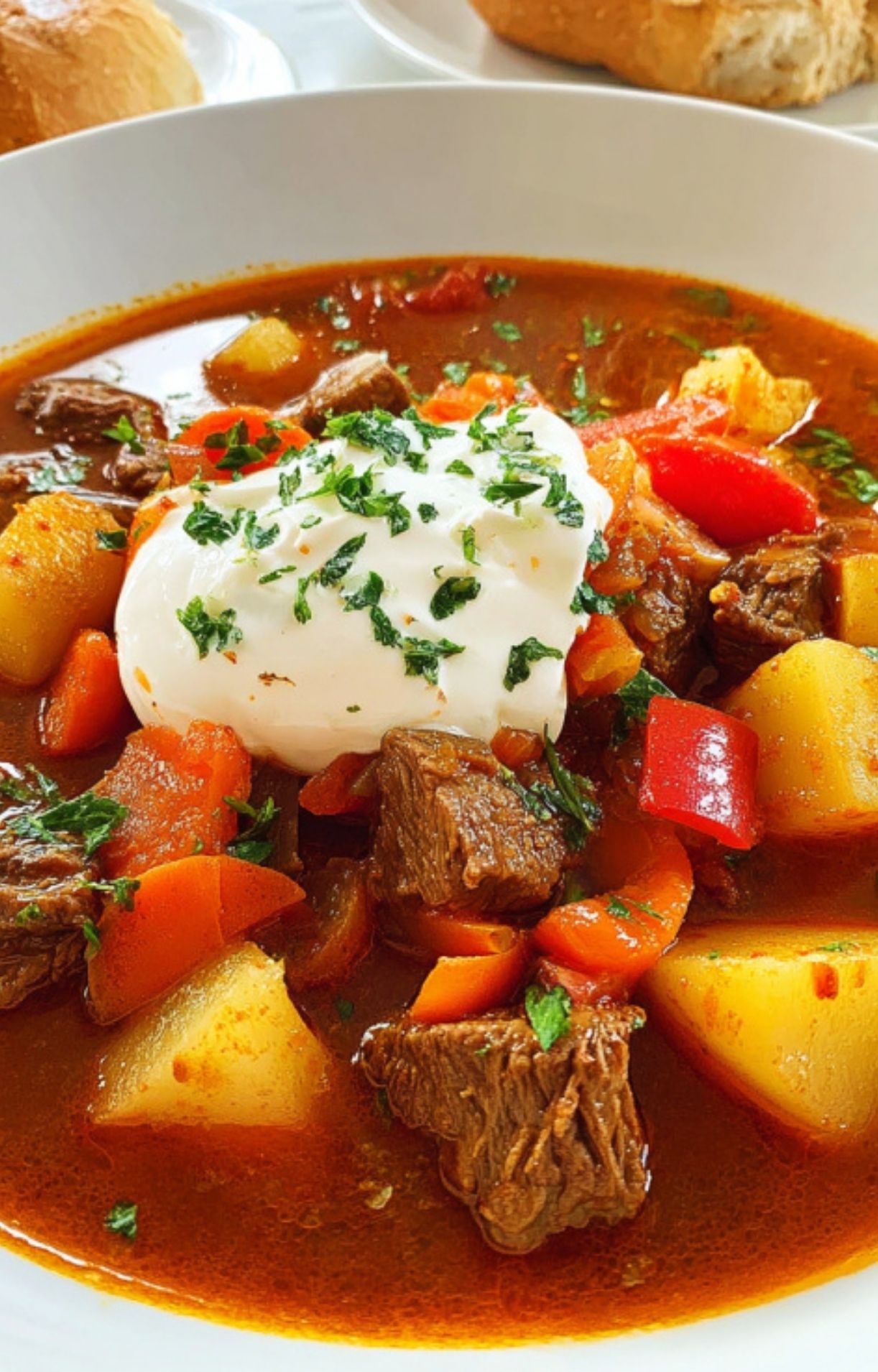 A vibrant bowl of Hungarian Goulash Recipe garnished with a swirl of sour cream and chopped herbs, highlighting the thick and flavorful texture of the stew.