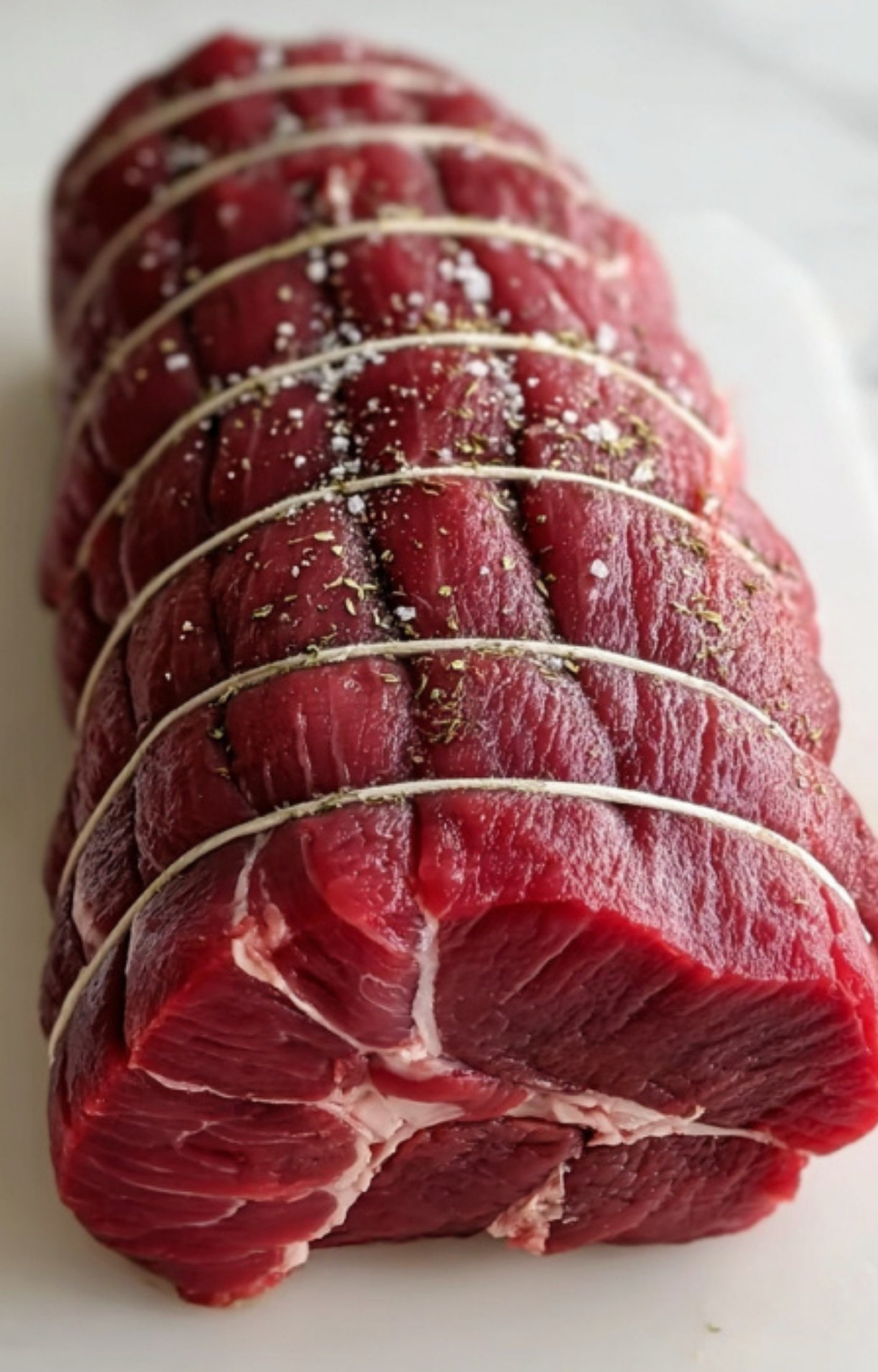 Raw beef tenderloin tied with string and seasoned, ready to be seared for a gluten free beef wellington recipe.