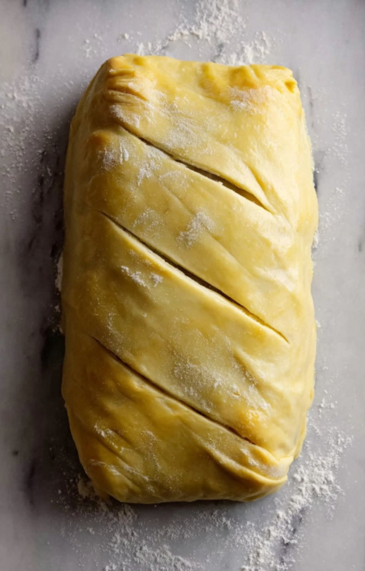 Unbaked beef Wellington wrapped in puff pastry with decorative slits, ready to go in the oven for a golden, flaky finish.