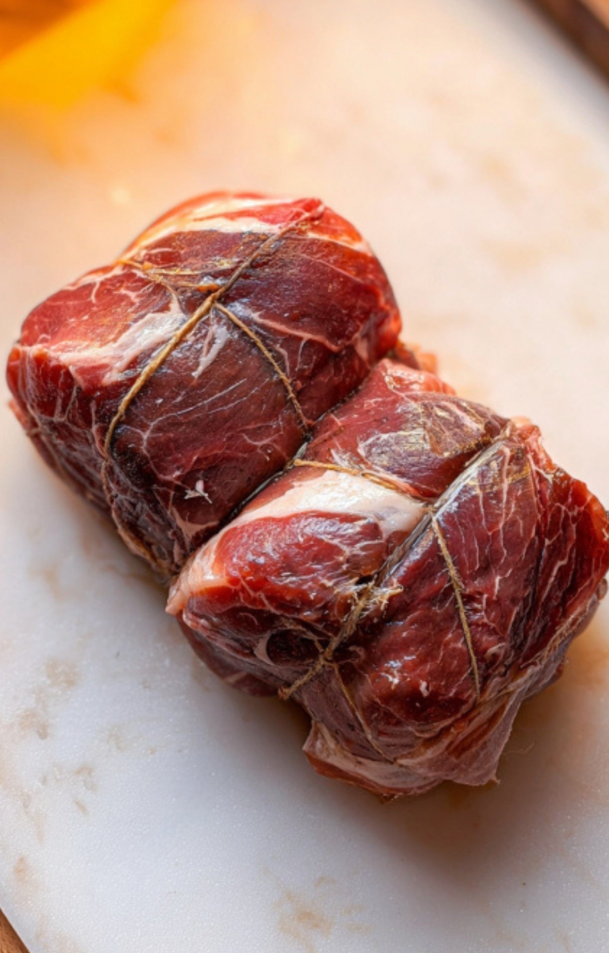 Two filet mignon steaks tied with kitchen twine, prepped for individual beef Wellington parcels, ready for seasoning and searing.