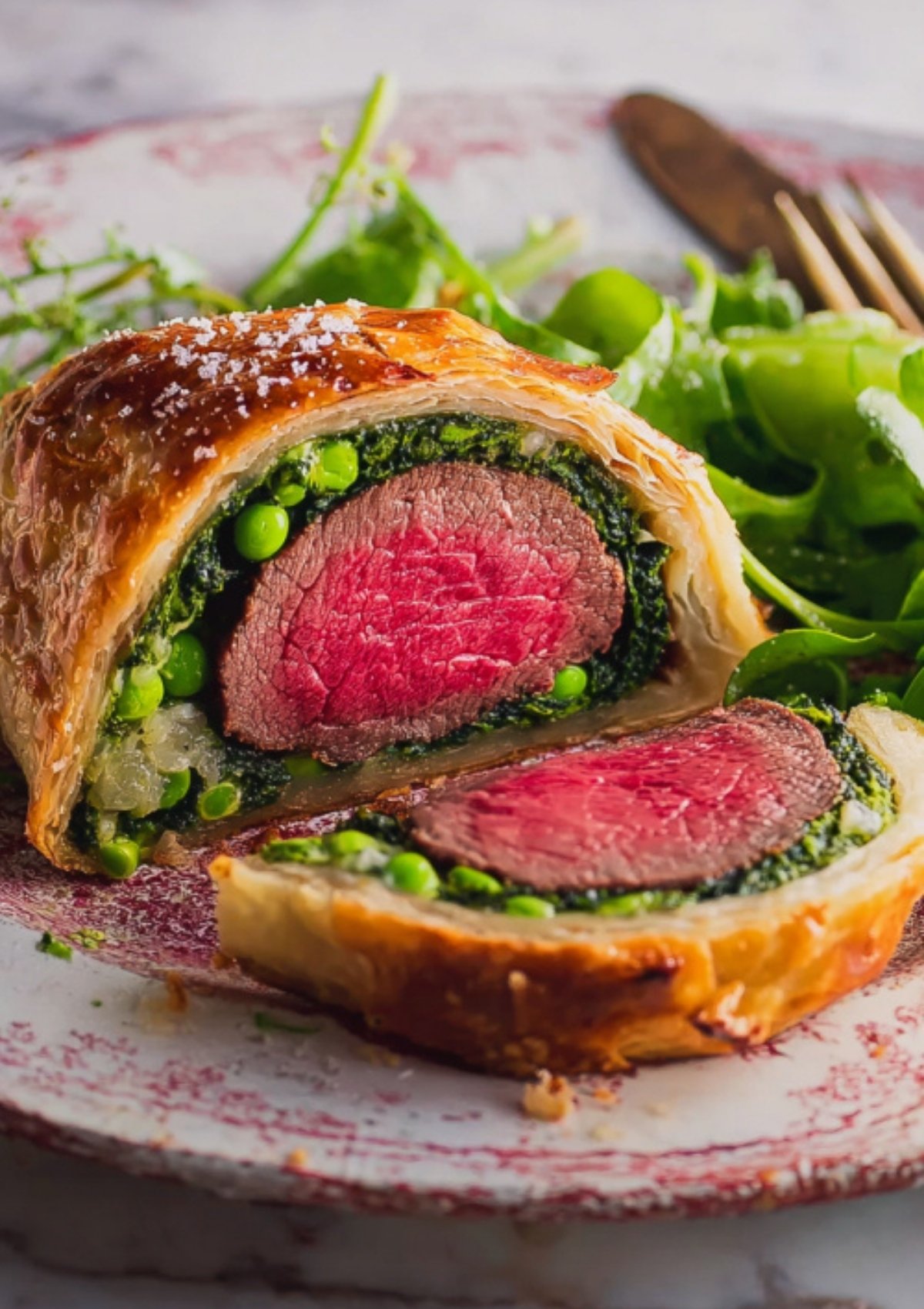 Close-up of beef wellington with spinach, showing crisp pastry and colorful filling, ideal for Christmas, Easter, or family gatherings.