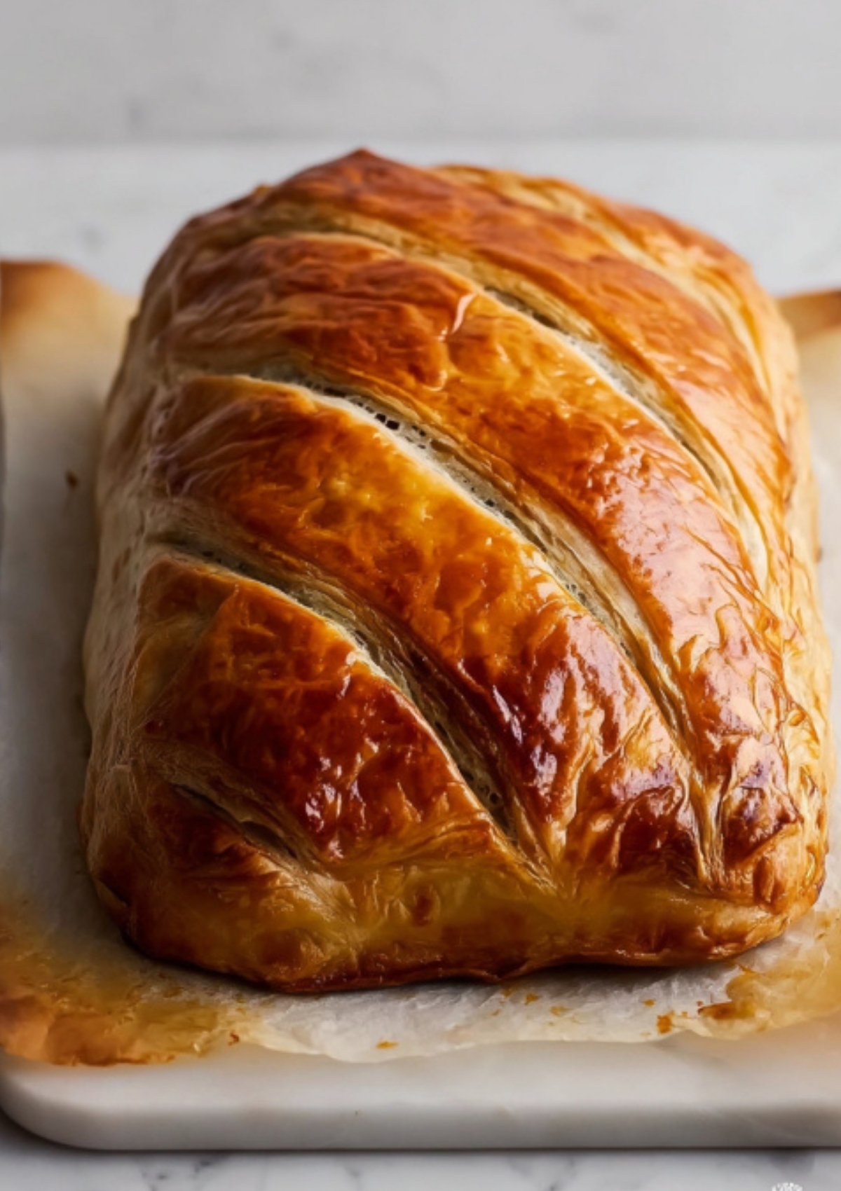 Whole baked beef wellington with flaky, golden pastry crust, ready for slicing as a main dish for family gatherings, celebrations, or festive meals.