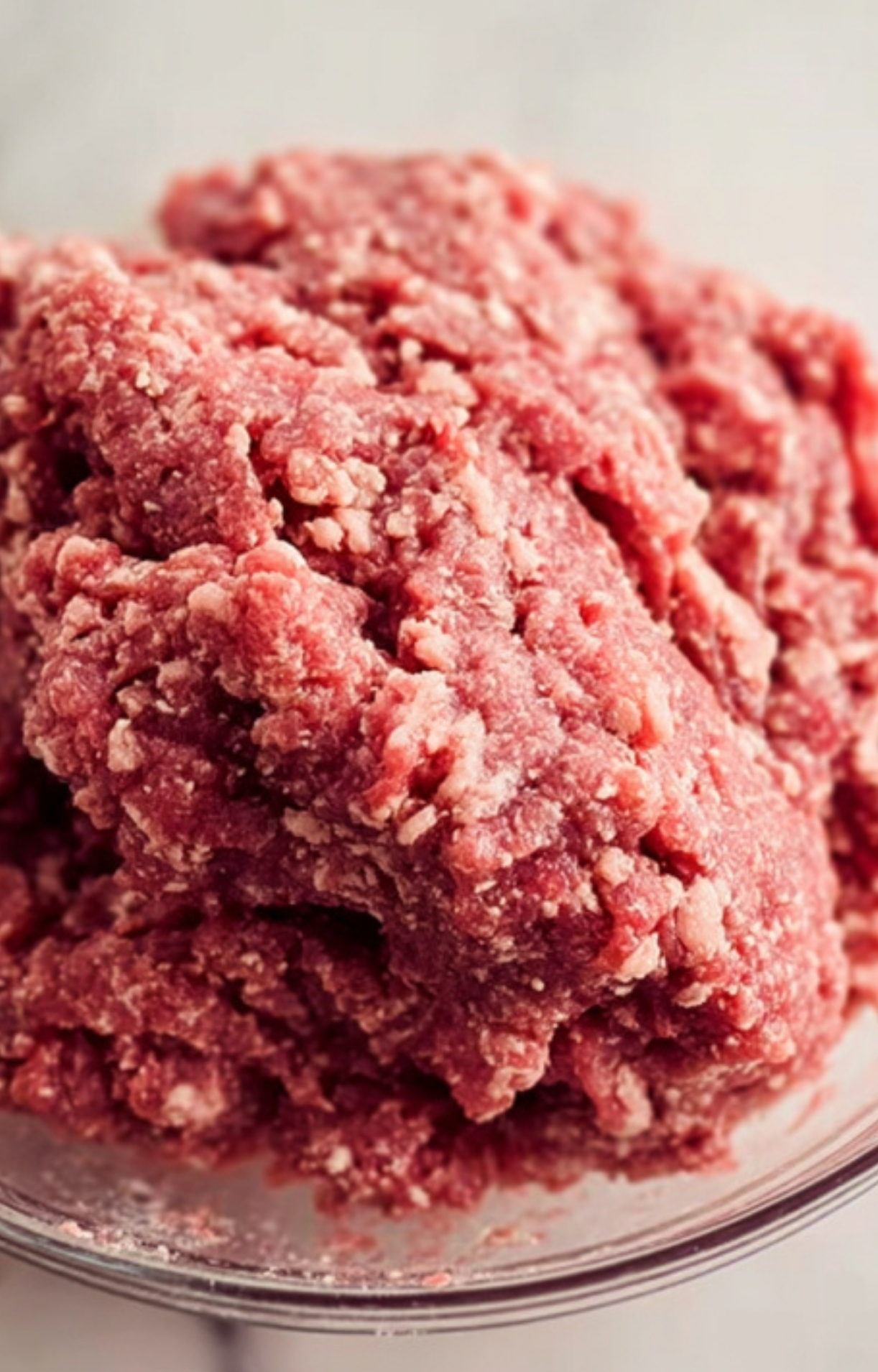 Bowl of raw ground beef, prepared for mixing into Salisbury steak patties for a classic comfort meal.