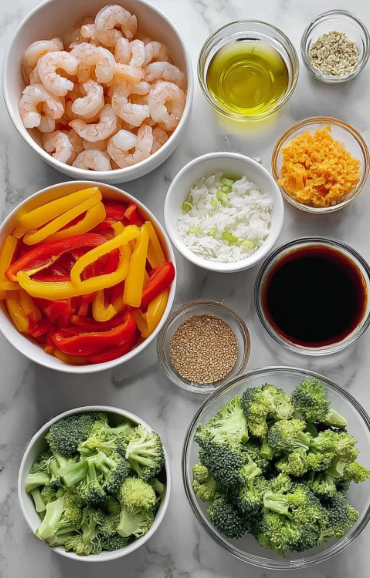 Bowls of raw shrimp, broccoli florets, sliced bell peppers, cooked rice, sesame seeds, and soy sauce on a marble counter – healthy dinner prep setup
