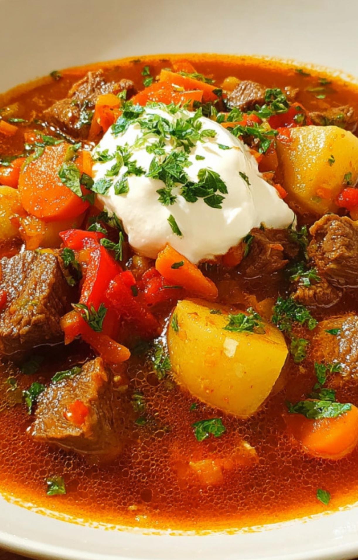 A close-up shot of a rich, red Hungarian Goulash Recipe topped with a dollop of sour cream and fresh parsley, served in a white bowl.