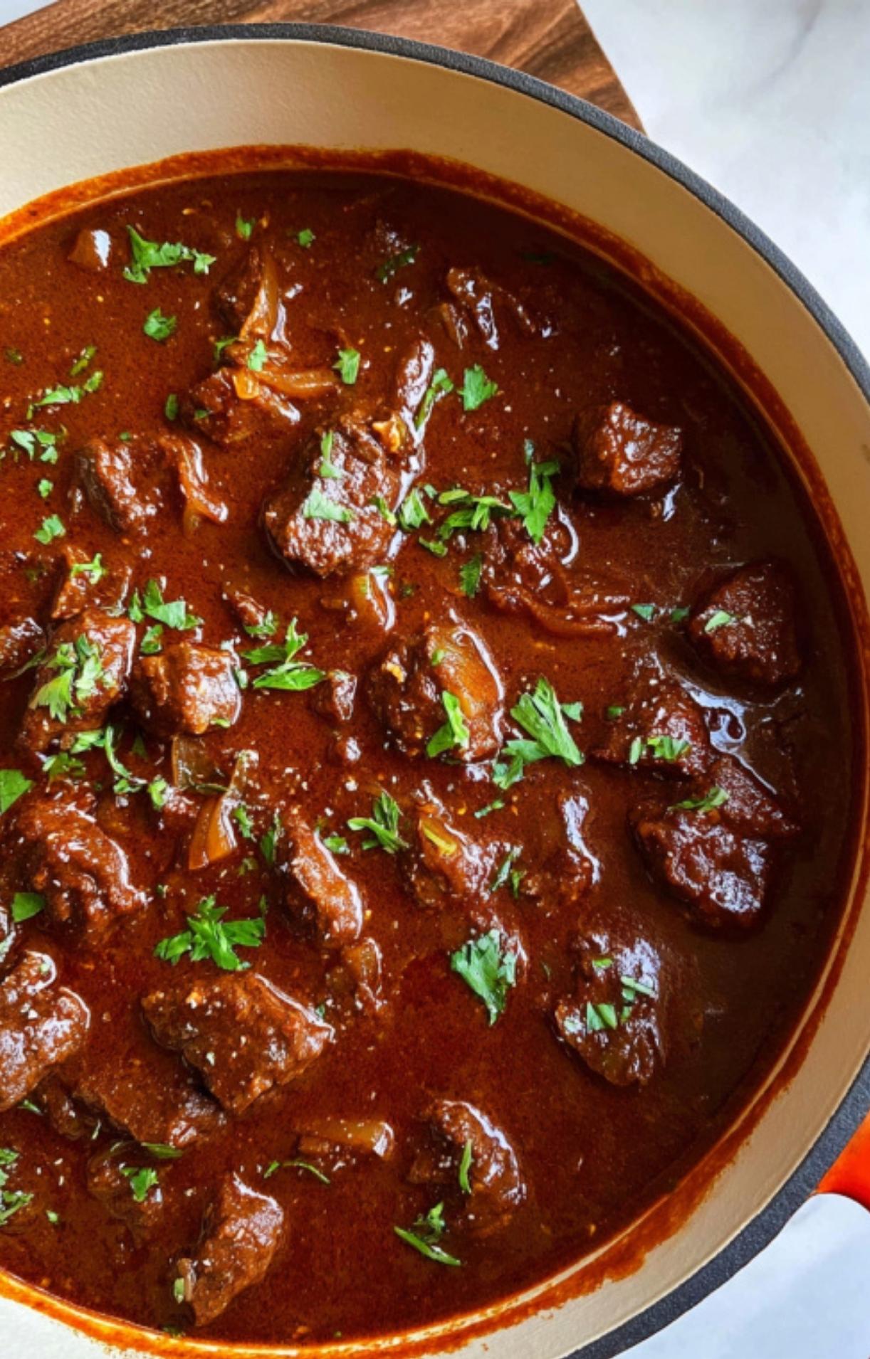Closeup of a pot filled with savory Gulasch beef goulash, topped with fresh parsley. This classic German dish is perfect for winter nights and family gatherings.