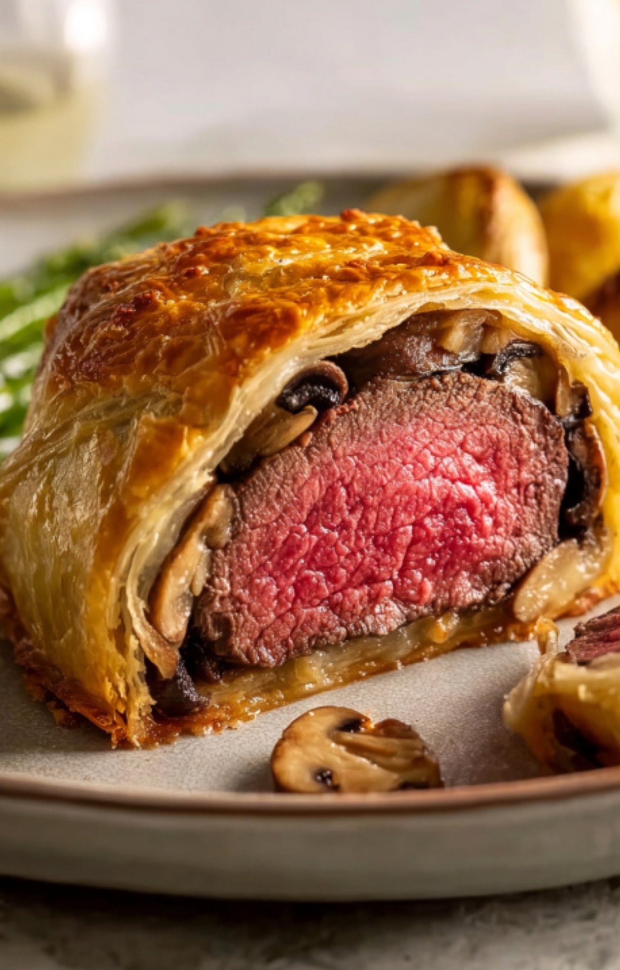 Close-up cross-section of individual beef wellington showing flaky pastry, tender steak, and mushroom layer. Ideal for steak lovers, Christmas dinner, or gourmet meal ideas.