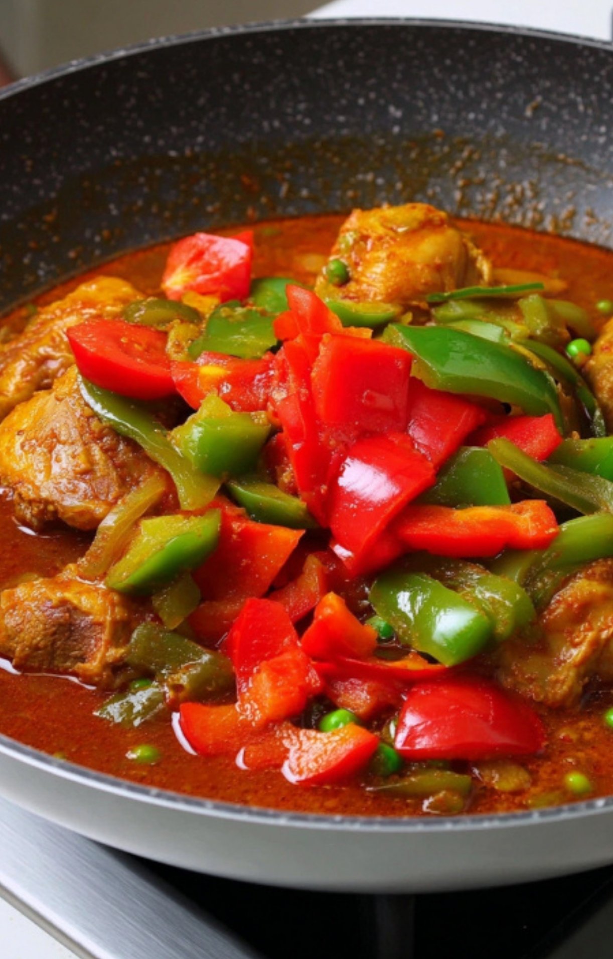 Chicken caldereta in tomato sauce with red and green bell peppers. Hearty Filipino dish for holidays, potlucks, and weekend gatherings.