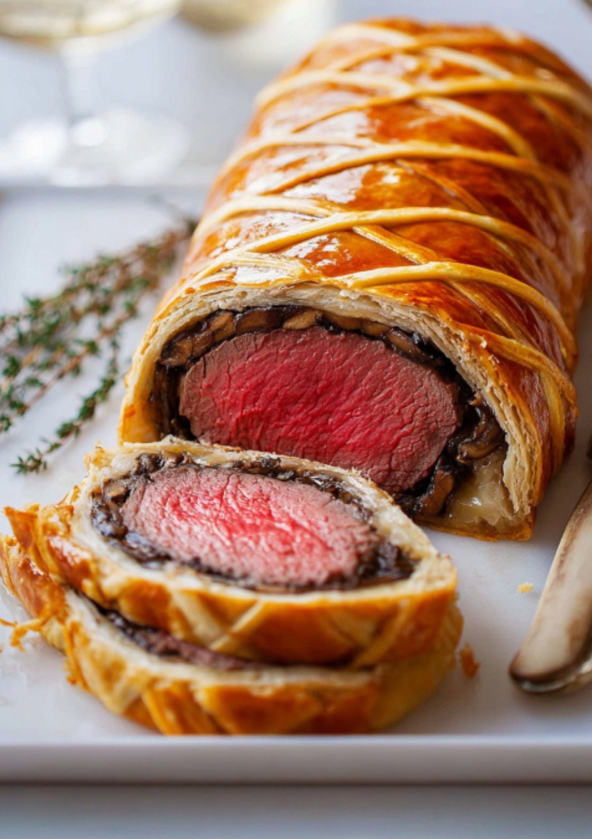 Close up of beef wellington showing juicy medium-rare beef, savory mushroom layer, and shiny puff pastry, ideal for Christmas dinner or New Year’s Eve.