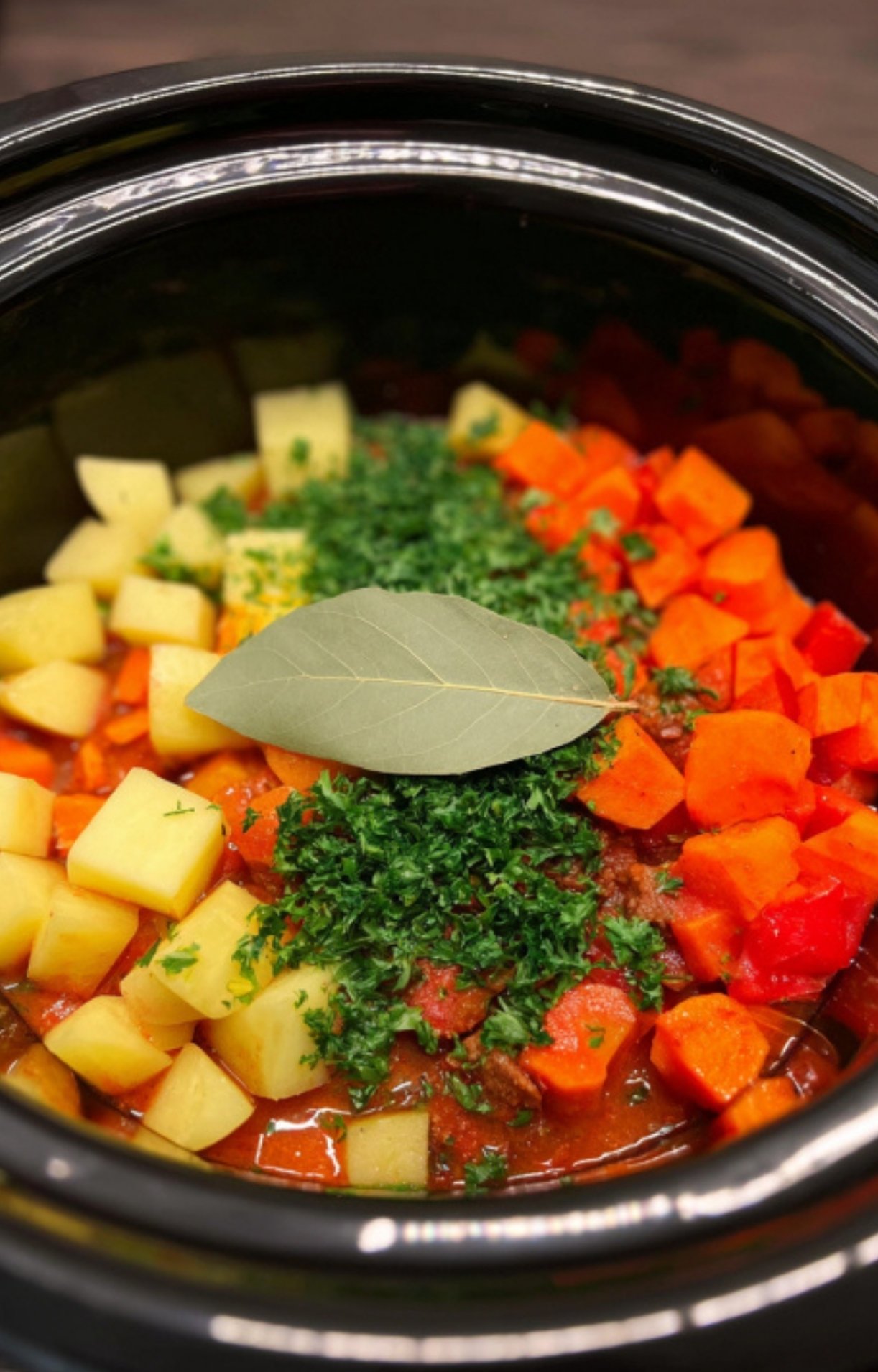 Carrots, potatoes, red peppers, beef, parsley, and bay leaf in a slow cooker before cooking. Easy dump-and-go meal for Hungarian goulash.