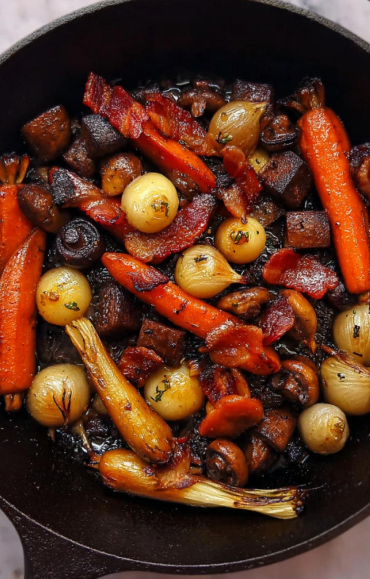 French beef stew with carrots, pearl onions, mushrooms, and bacon in a Dutch oven. A cozy, traditional French recipe for winter dinners and holiday gatherings.