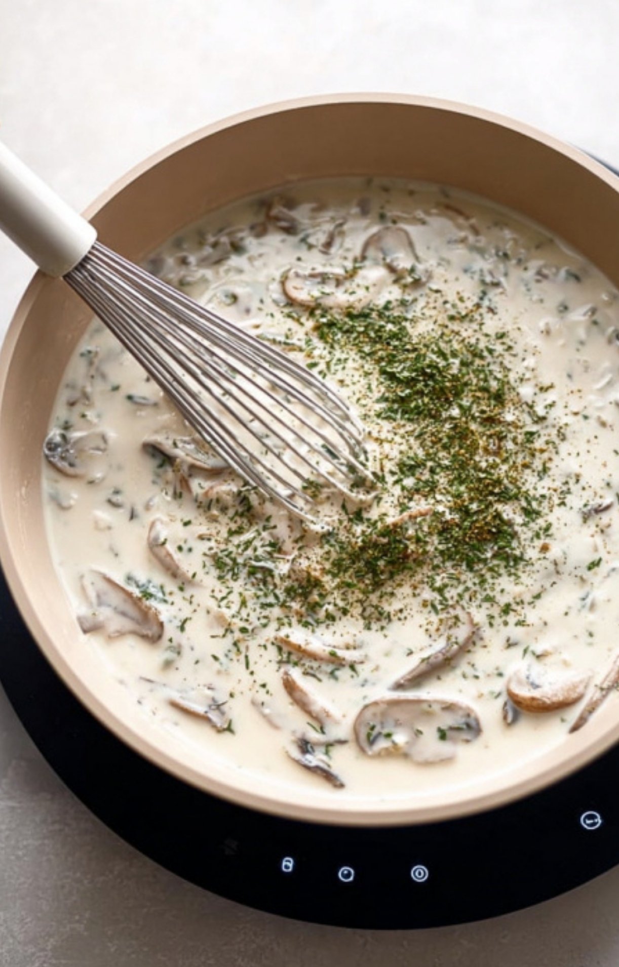 Creamy mushroom sauce simmering in a skillet, the best topping for ground beef Wellington, perfect for family dinners.