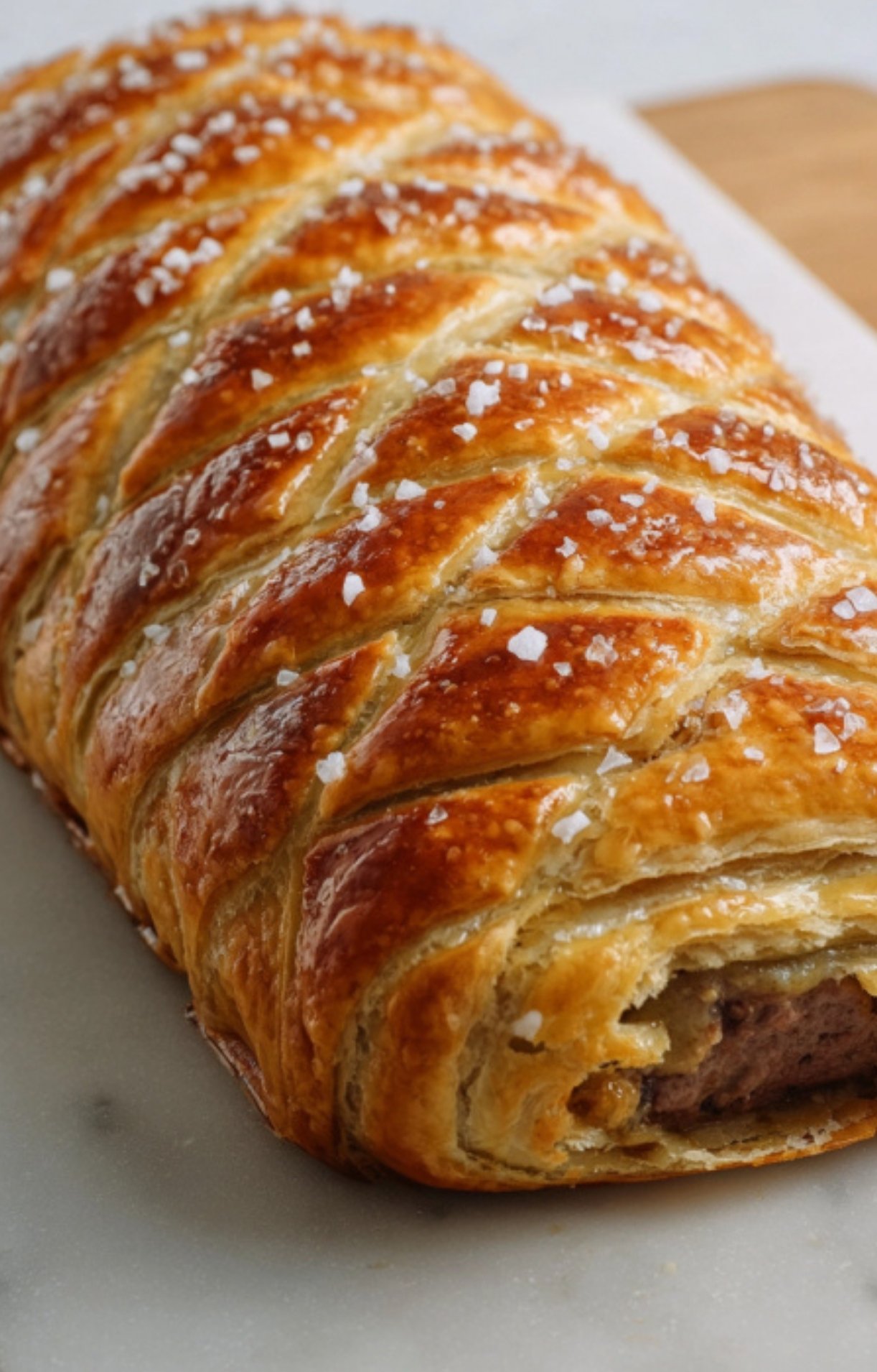A whole gluten free beef wellington with a golden, flaky crust topped with sea salt, ready to slice for a gluten free Christmas or Thanksgiving dinner.