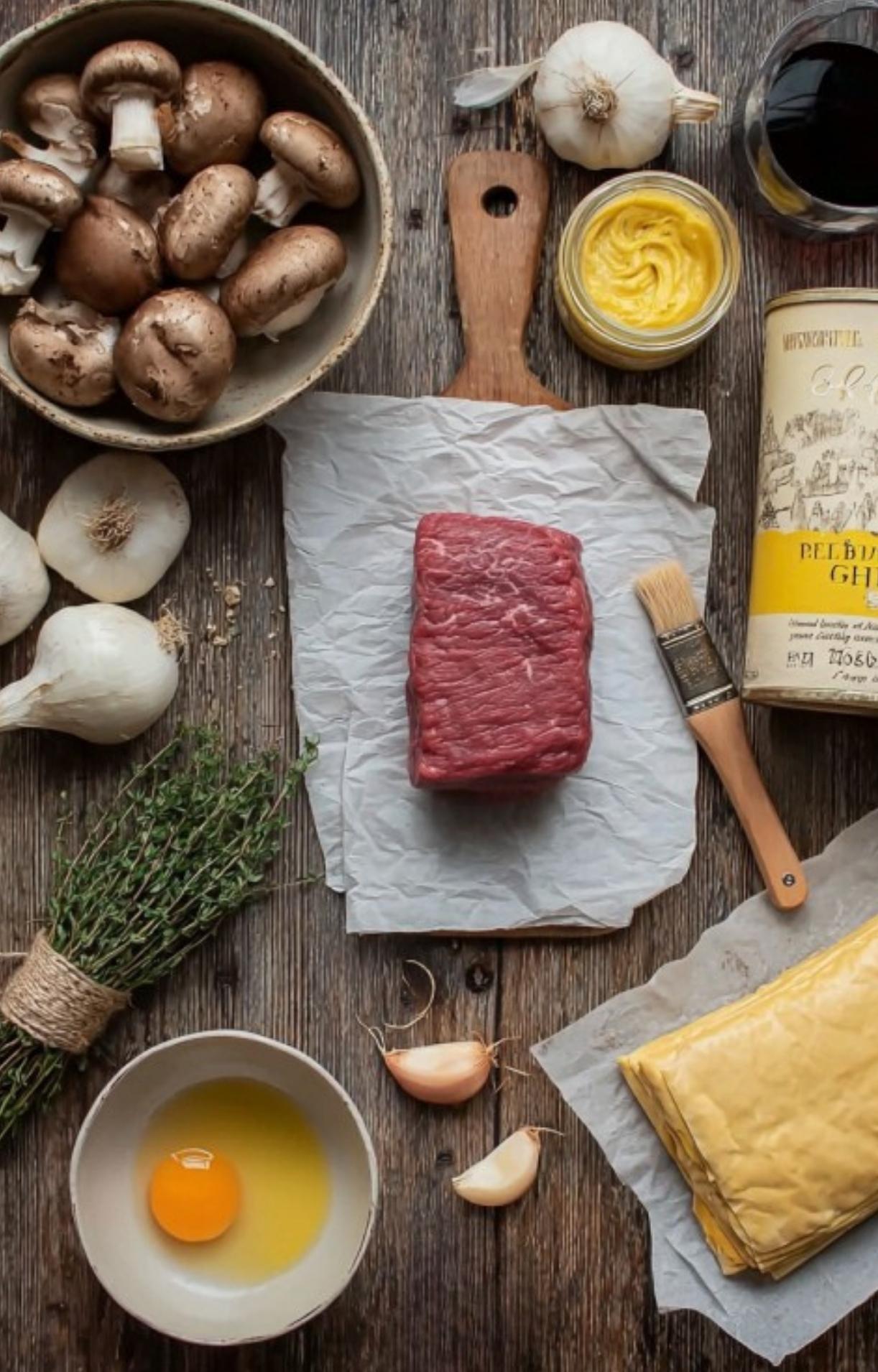 Ingredients for filet mignon beef Wellington including raw beef, mushrooms, egg, puff pastry, garlic, fresh herbs, mustard, and wine arranged on a rustic table.