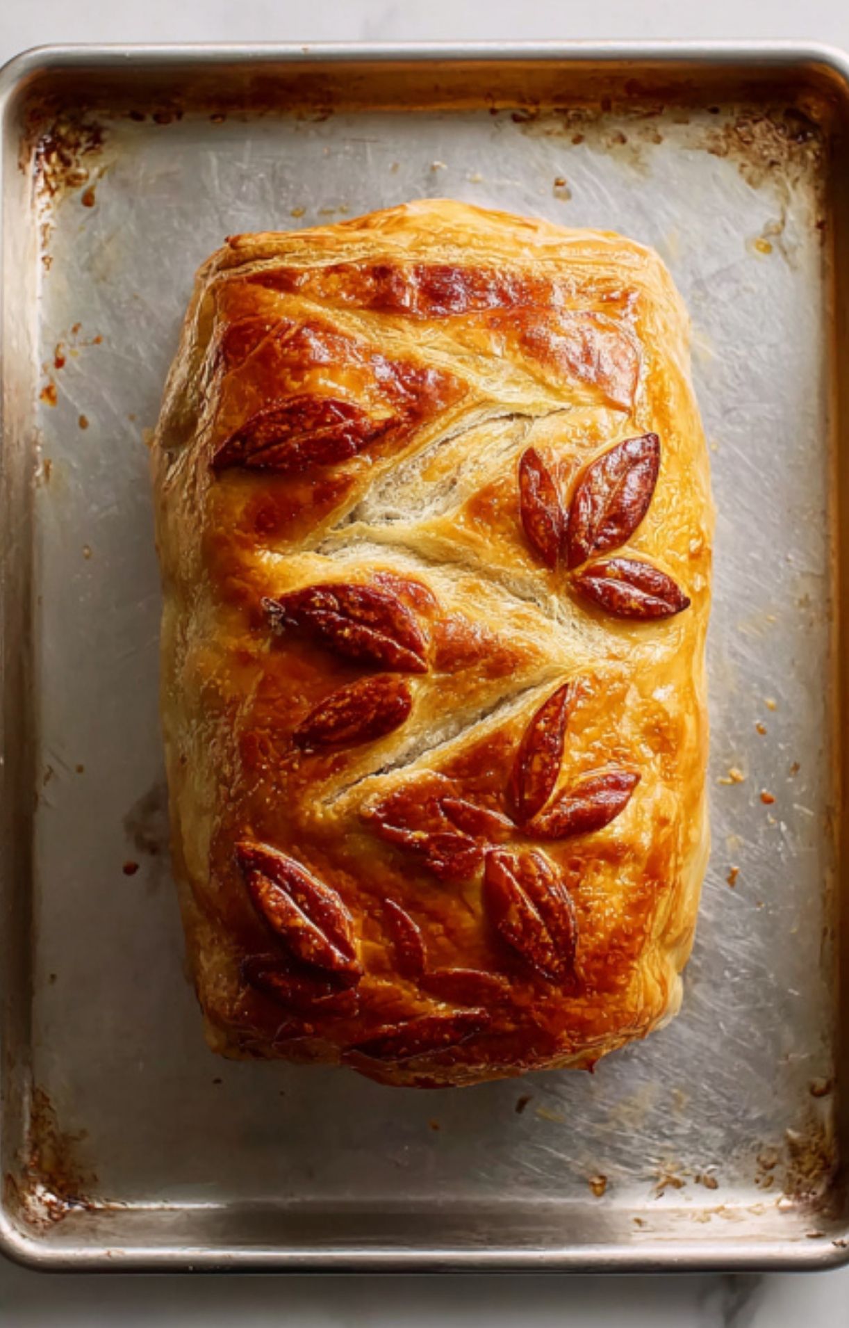 A baked beef wellington with decorative puff pastry leaves, glistening and golden brown. This classic beef wellington recipe makes a festive and elegant centerpiece for holiday meals and family gatherings.