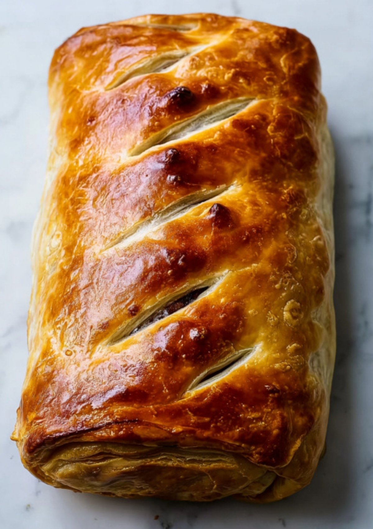Whole beef wellington baked to a golden brown, with crisp, flaky puff pastry ready to slice for a dinner party or holiday meal.