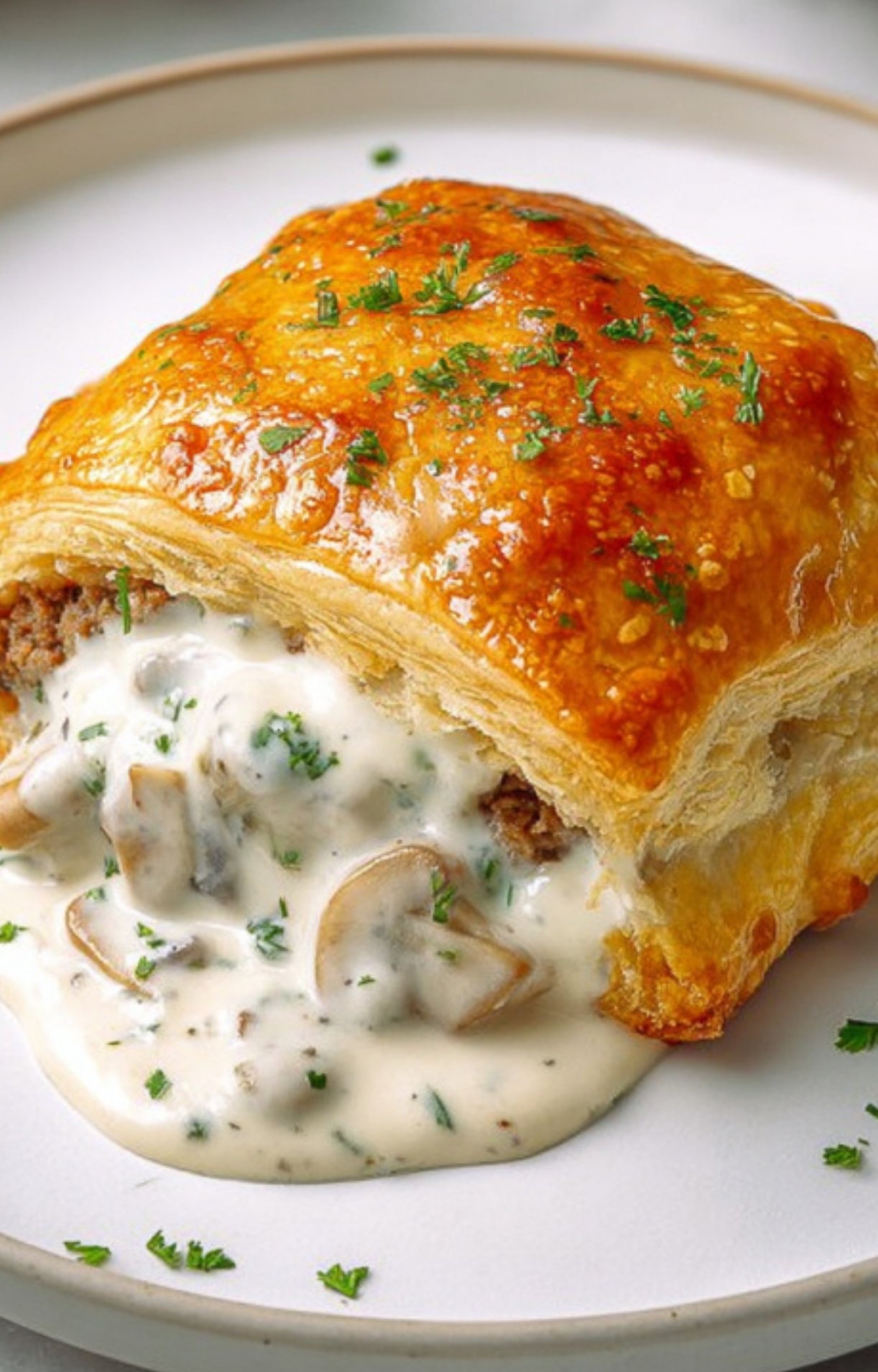 Crispy golden ground beef Wellington topped with rich mushroom sauce, perfect for a cozy family dinner or holiday meal.