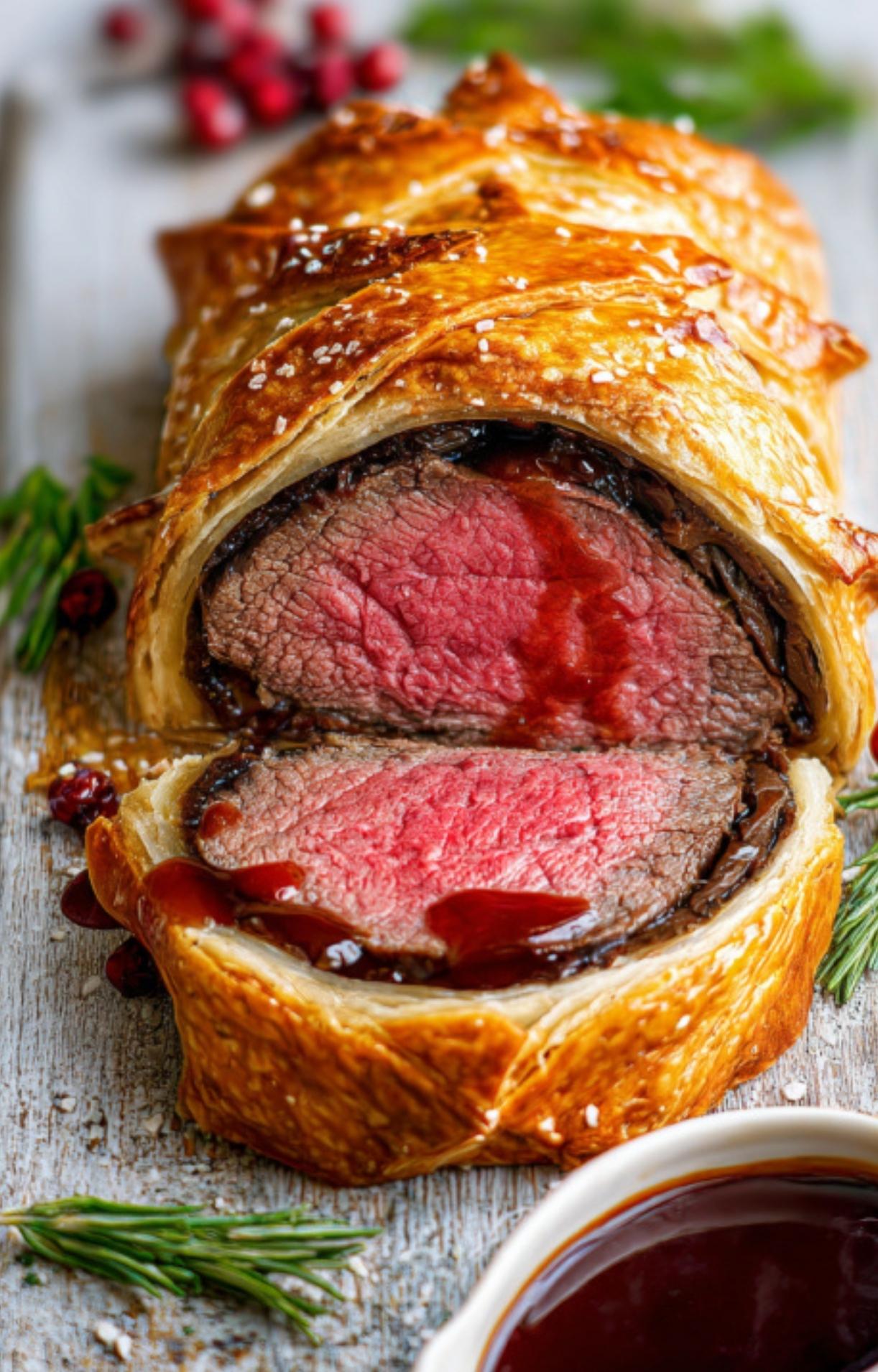 Sliced beef wellington with golden, flaky crust and classic red wine sauce, a show-stopping holiday dinner idea.