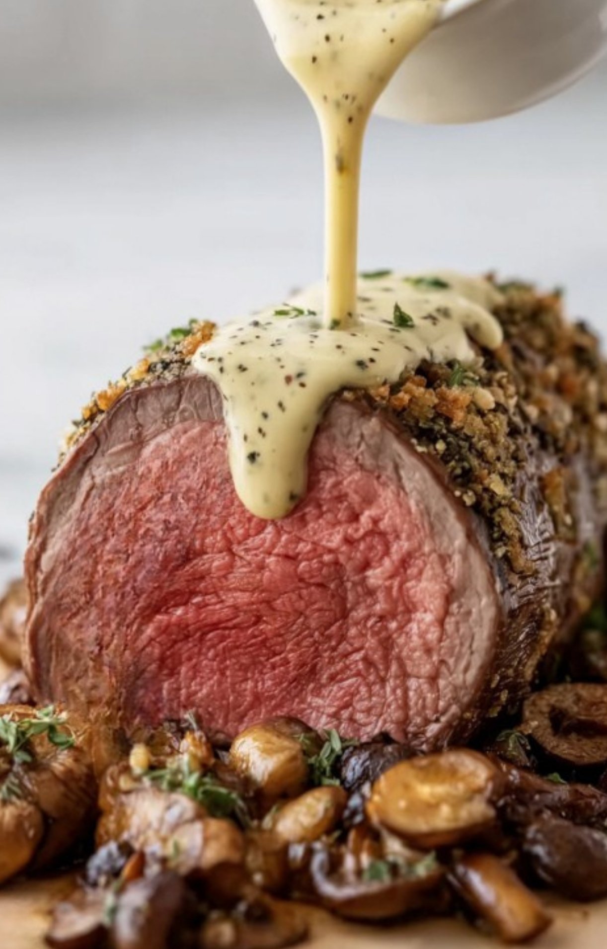 Beef tenderloin topped with creamy sauce and served over sautéed mushrooms, a delicious gluten free main course for holiday gatherings.