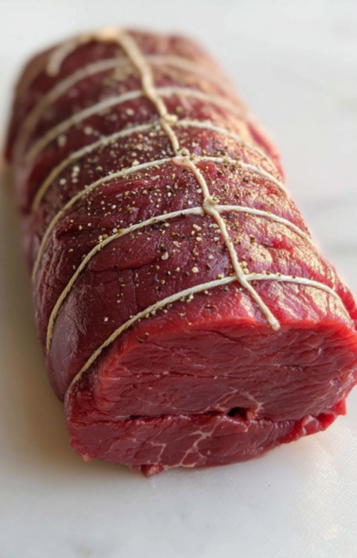 Raw beef tenderloin tied with string and seasoned with salt and pepper, prepared for sous vide beef wellington.