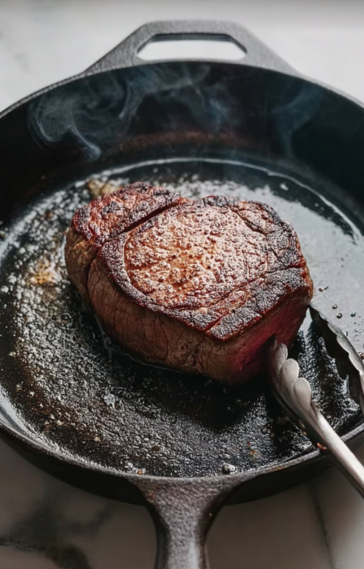 Thick filet mignon steak sizzling in a cast iron pan, locking in flavor for a classic beef Wellington recipe.