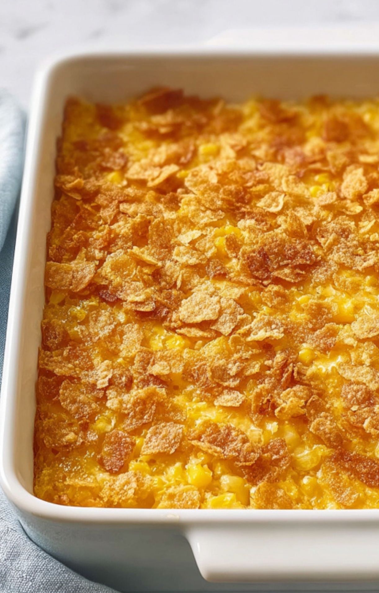 Freshly baked scalloped corn casserole in a white dish, topped with a layer of crunchy crackers, an easy crowd-pleasing side for potlucks and holidays.