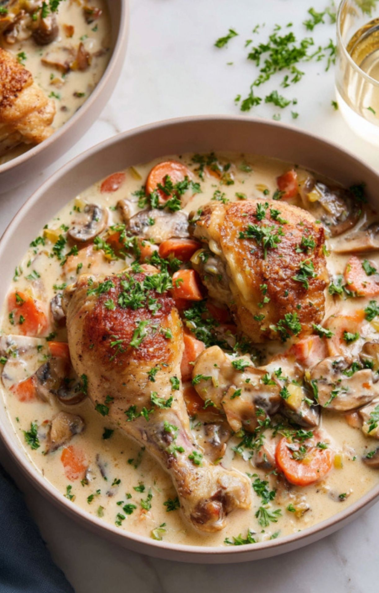 Golden chicken with mushrooms, carrots, and herbs in creamy white wine sauce.