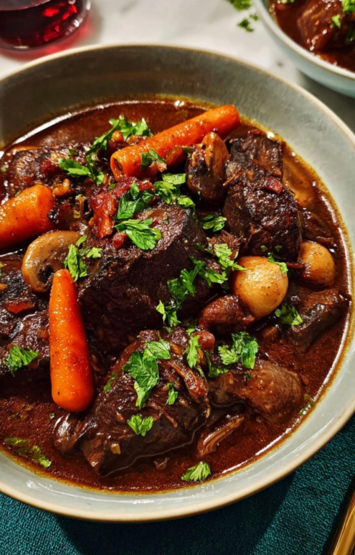 Close-up of French beef stew in a bowl with carrots, pearl onions, mushrooms, and parsley. A comforting winter meal idea.