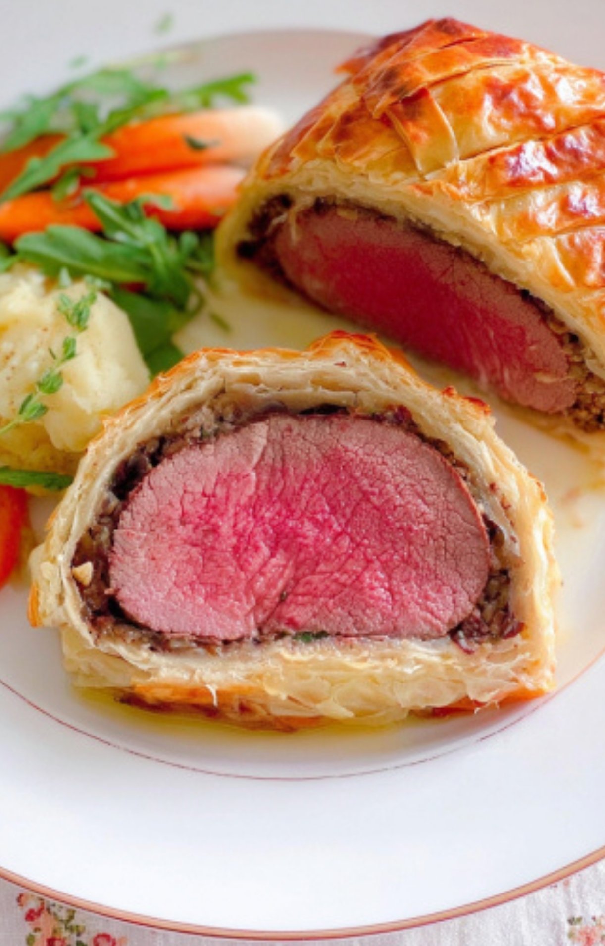 Close-up of sliced Christmas Beef Wellington with medium rare beef and golden, flaky pastry. Stunning Christmas main course.