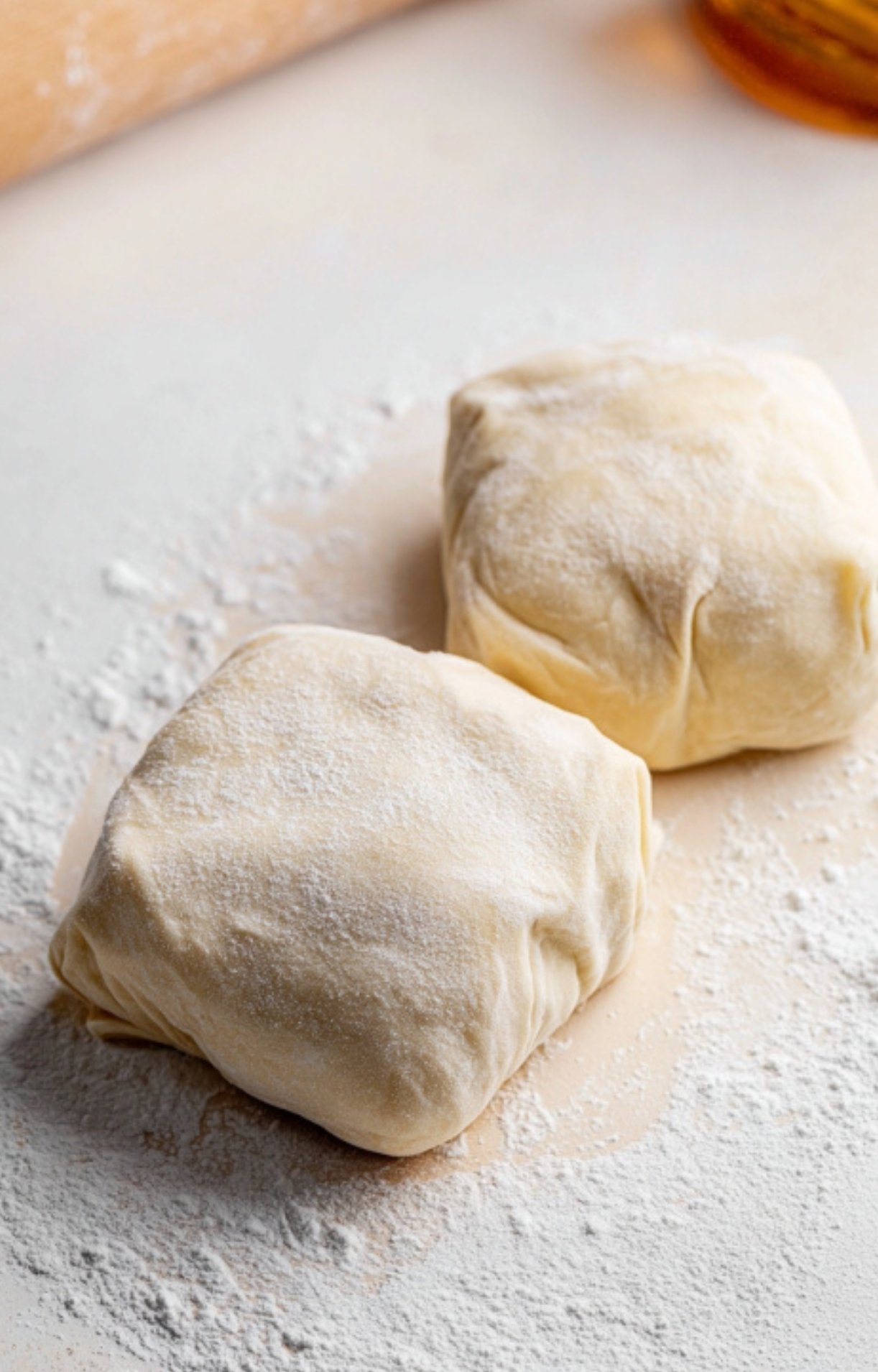 Two squares of puff pastry dough dusted with flour, ready to wrap around filet mignon for homemade beef Wellington for two.